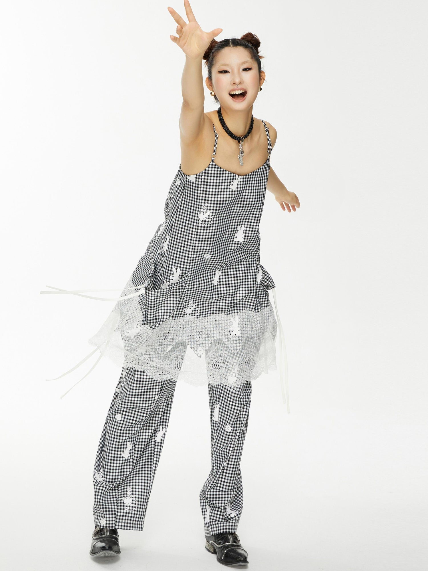 YOSHUYUKI Plaid Lace Trim Punk Rabbit Print Sundress