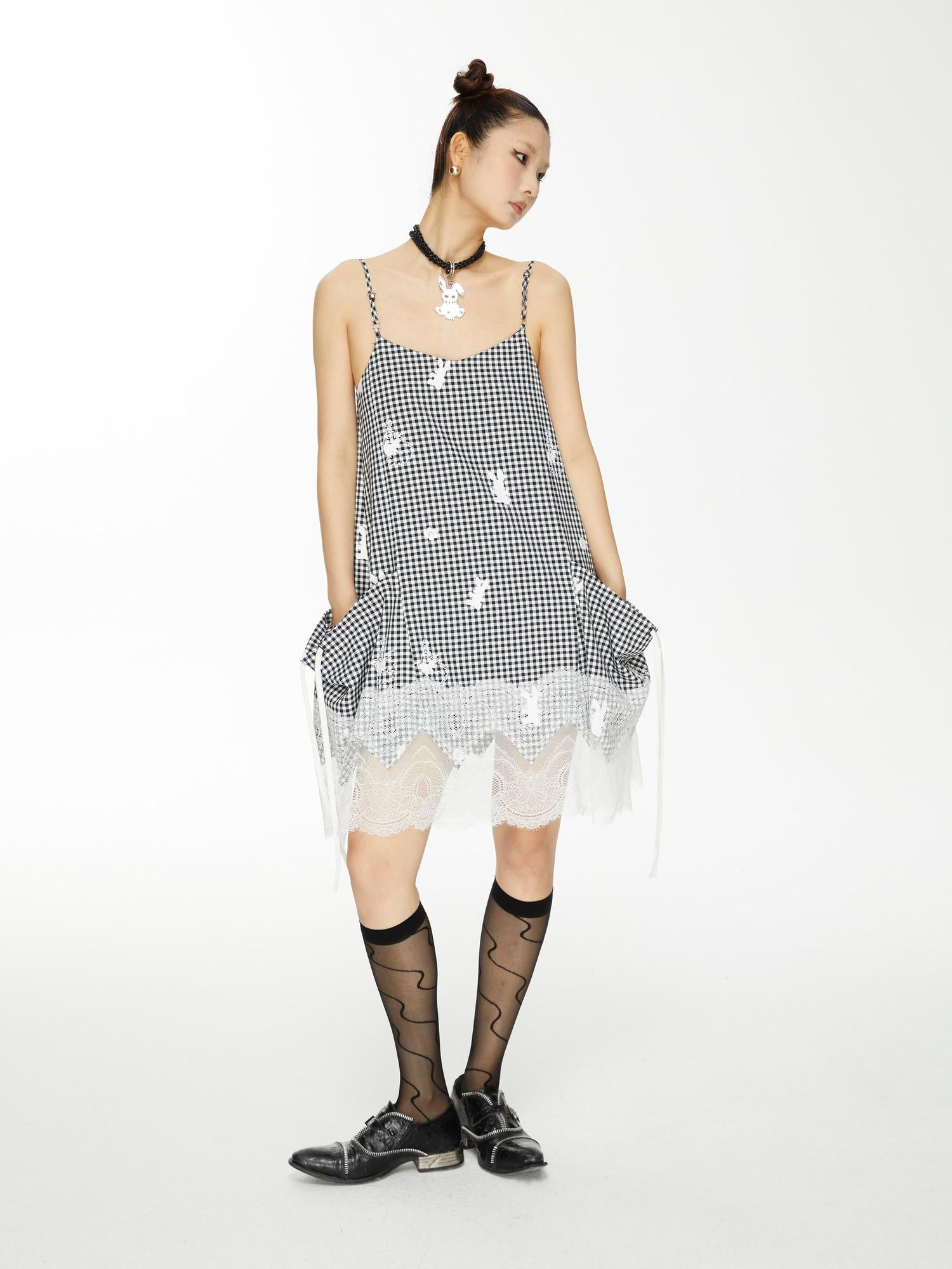 YOSHUYUKI Plaid Lace Trim Punk Rabbit Print Sundress