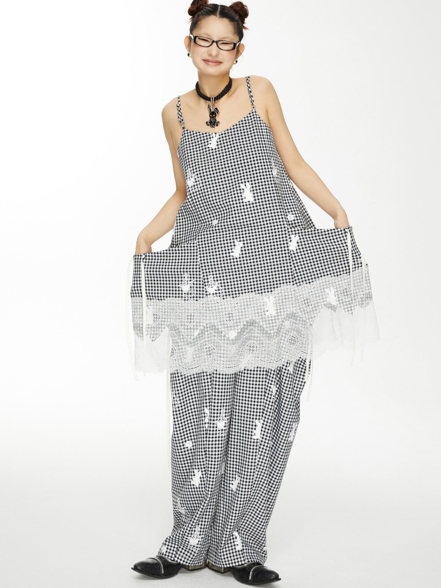 YOSHUYUKI Plaid Lace Trim Punk Rabbit Print Sundress