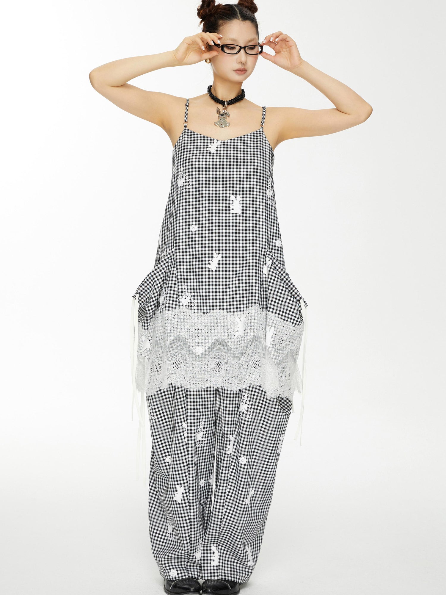 YOSHUYUKI Plaid Lace Trim Punk Rabbit Print Sundress
