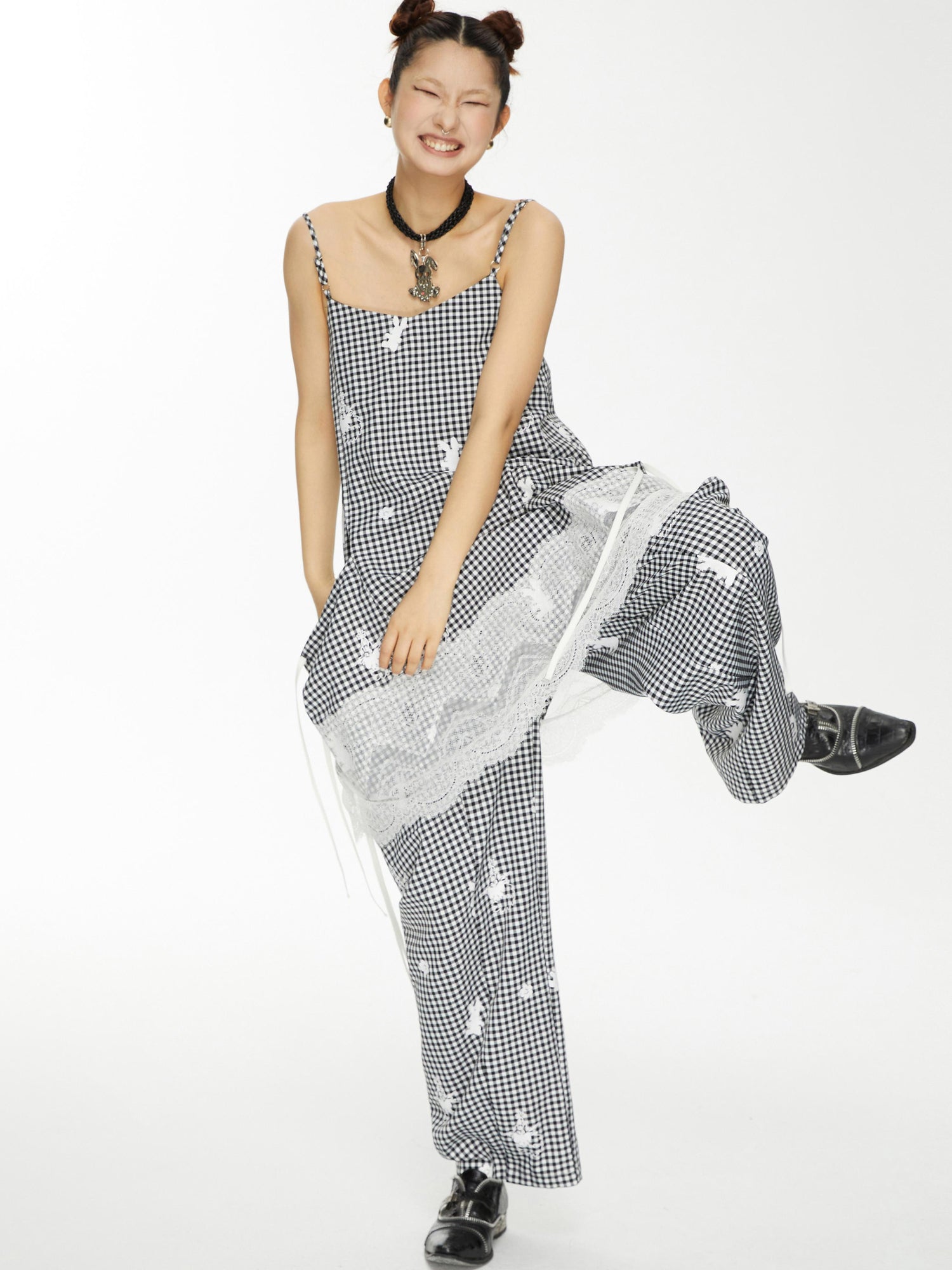 YOSHUYUKI Plaid Lace Trim Punk Rabbit Print Sundress