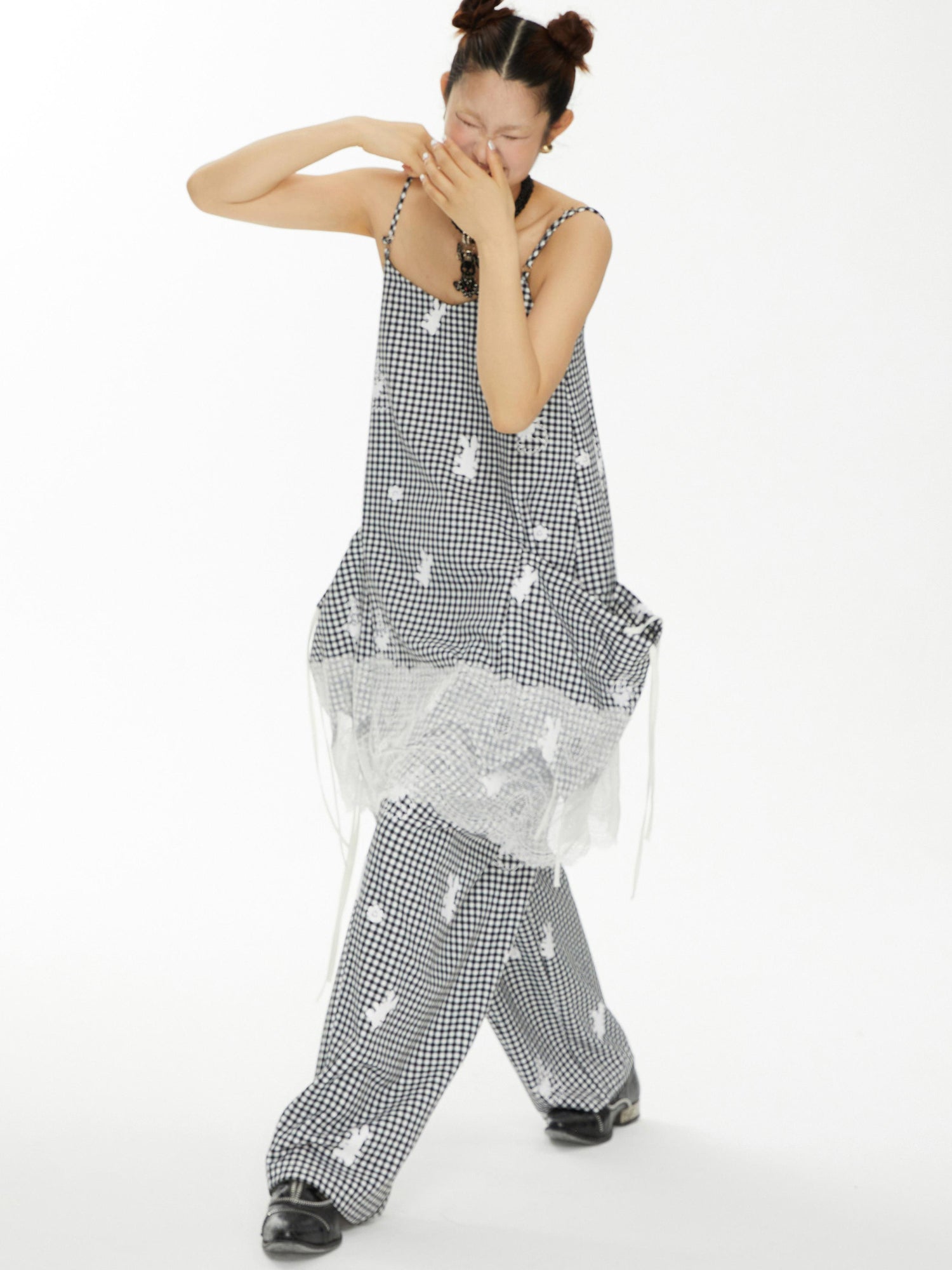 YOSHUYUKI Plaid Lace Trim Punk Rabbit Print Sundress