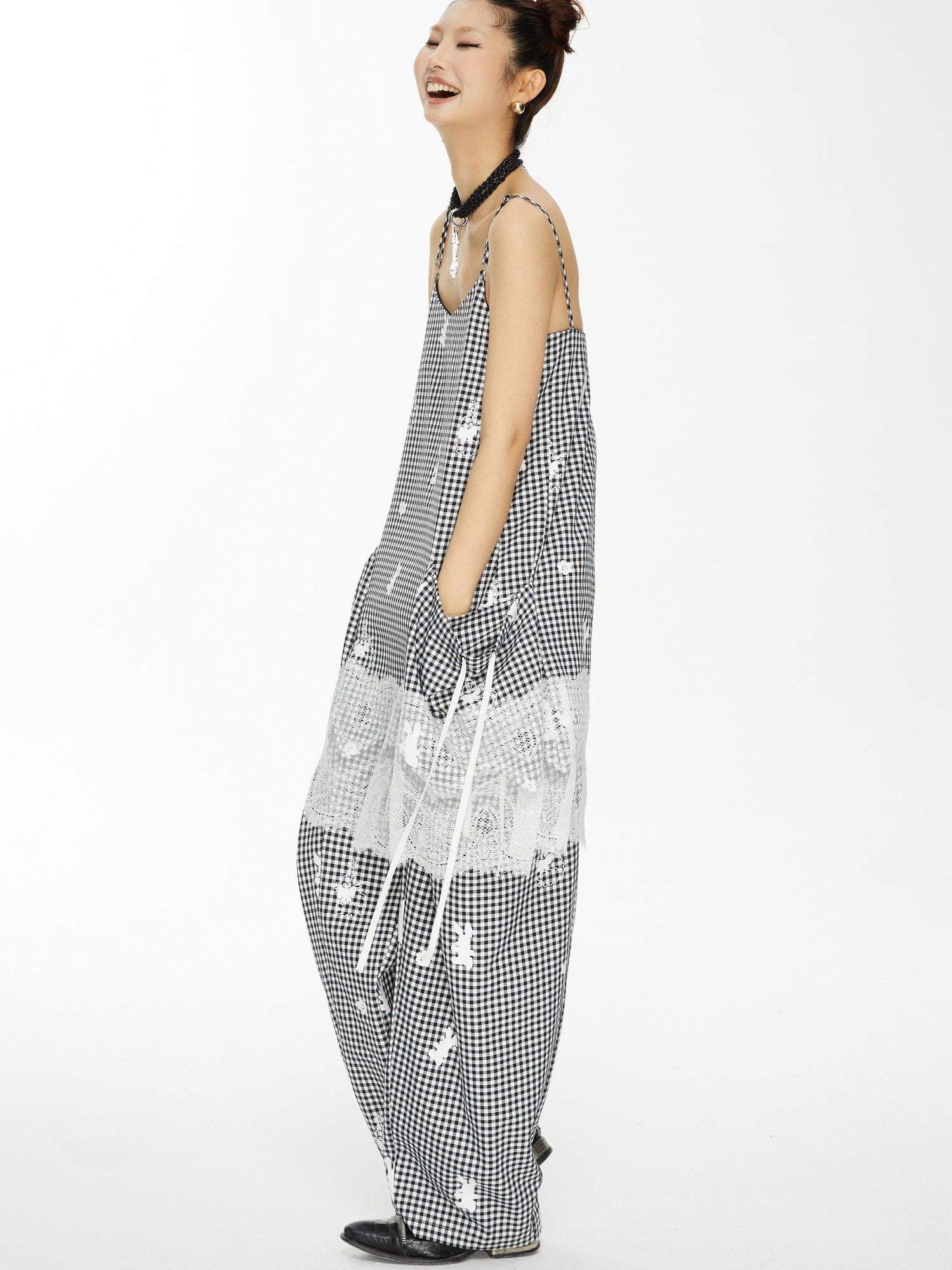 YOSHUYUKI Plaid Lace Trim Punk Rabbit Print Sundress