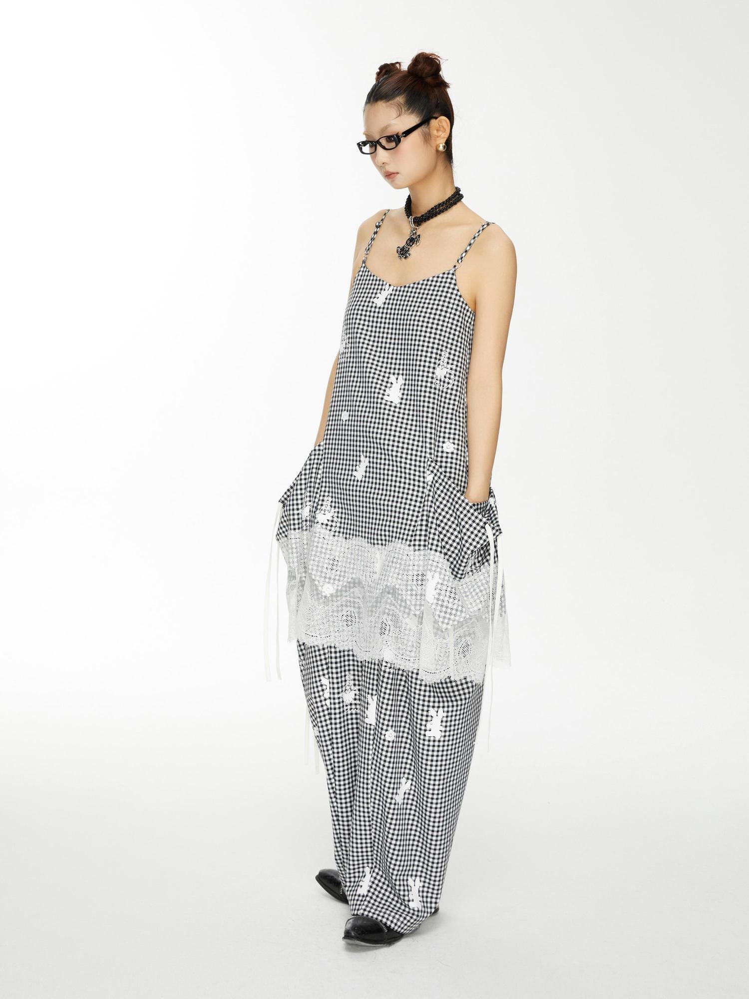 YOSHUYUKI Plaid Lace Trim Punk Rabbit Print Sundress