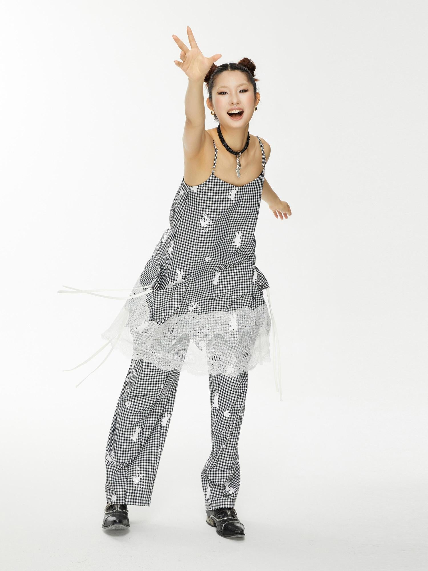 YOSHUYUKI Plaid Lace Trim Punk Rabbit Print Sundress