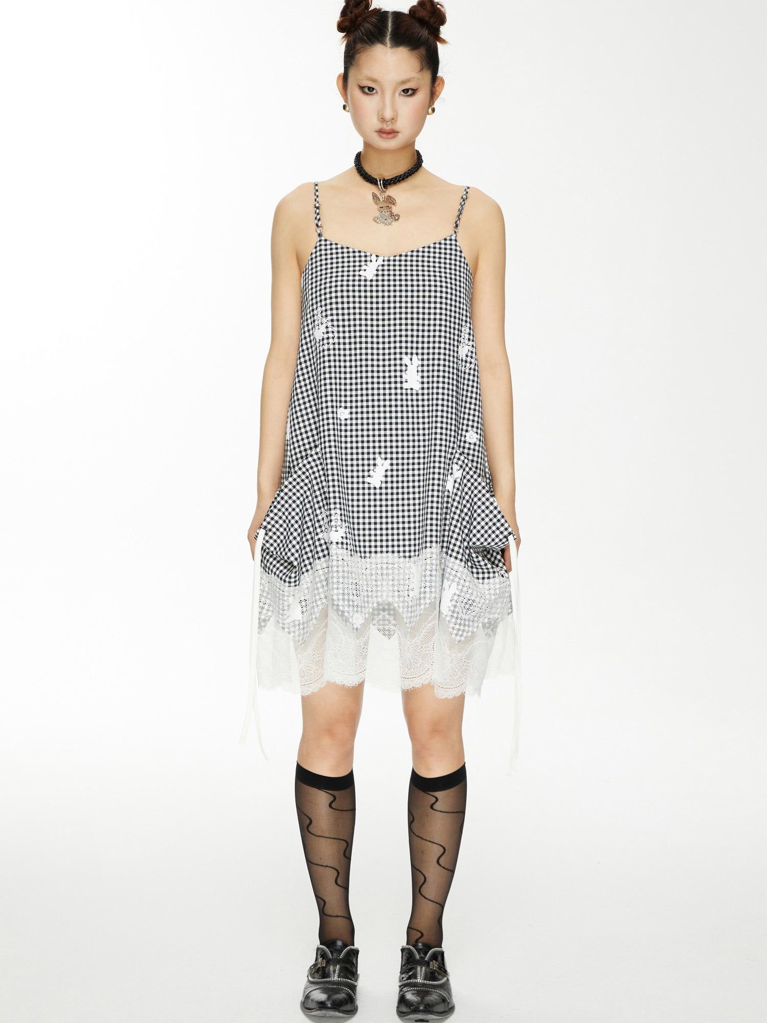 YOSHUYUKI Plaid Lace Trim Punk Rabbit Print Sundress