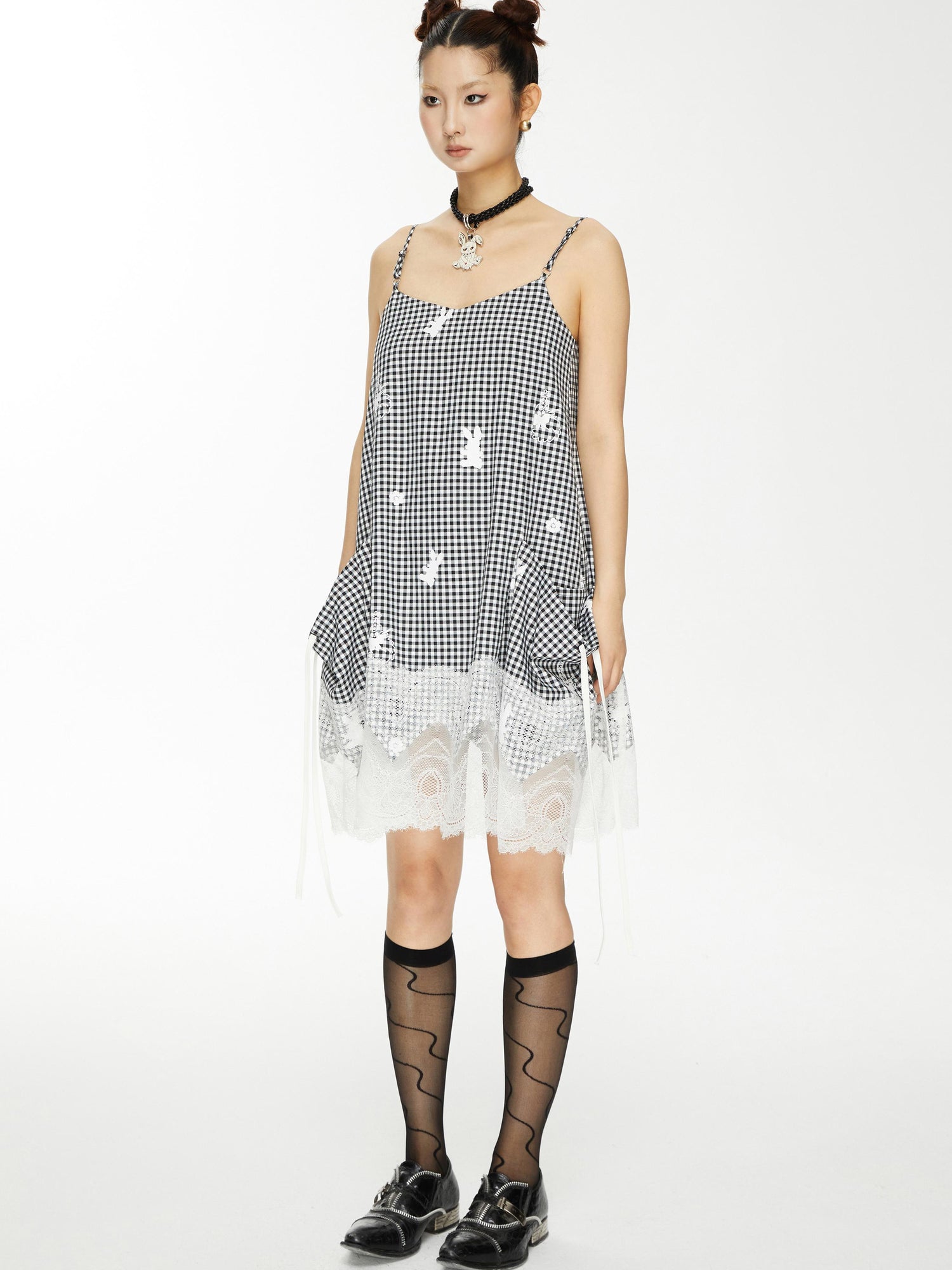 YOSHUYUKI Plaid Lace Trim Punk Rabbit Print Sundress