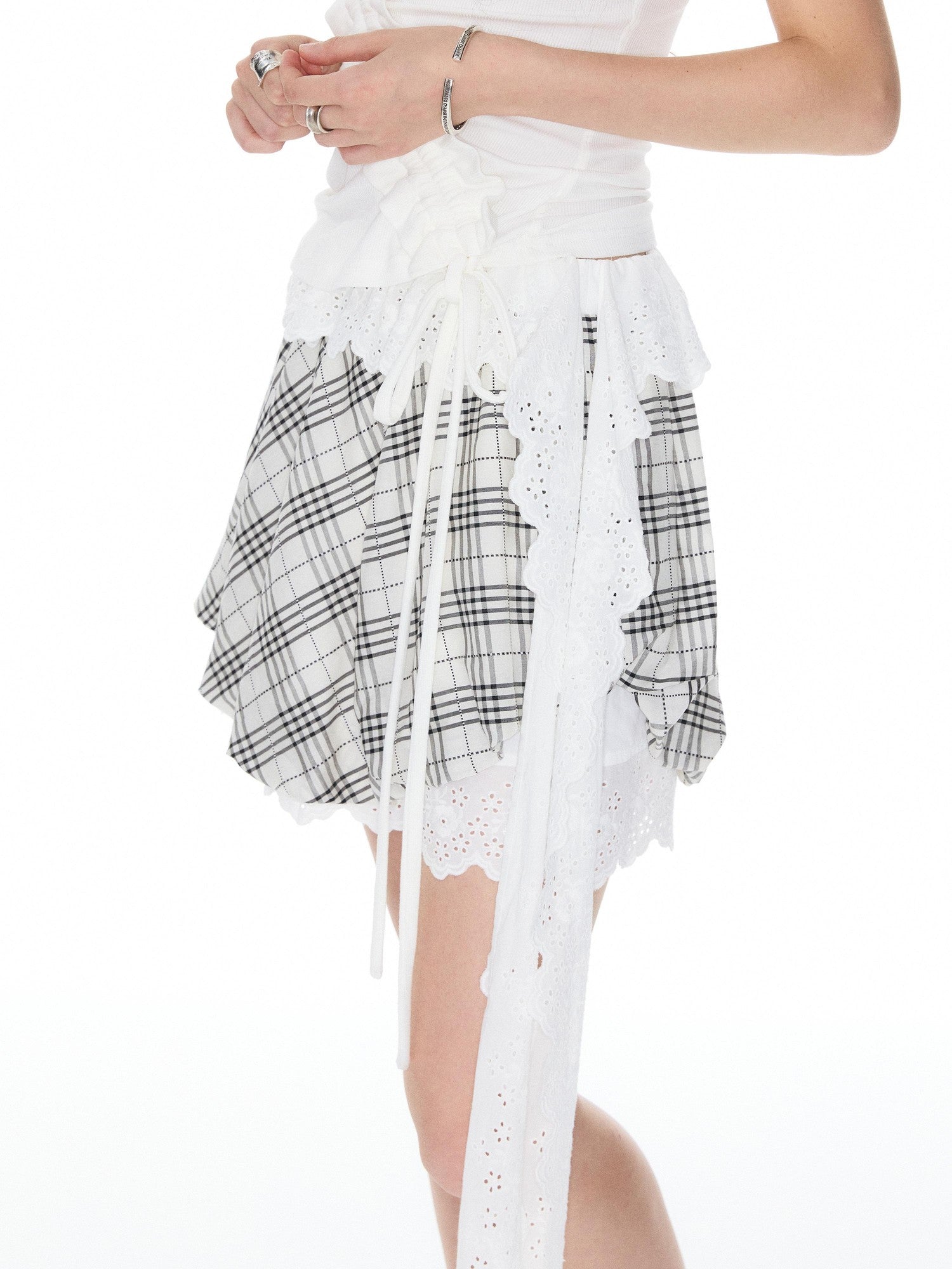 YOSHUYUKI Plaid Ribbon Tulip Lace Panel Low Waist Women&