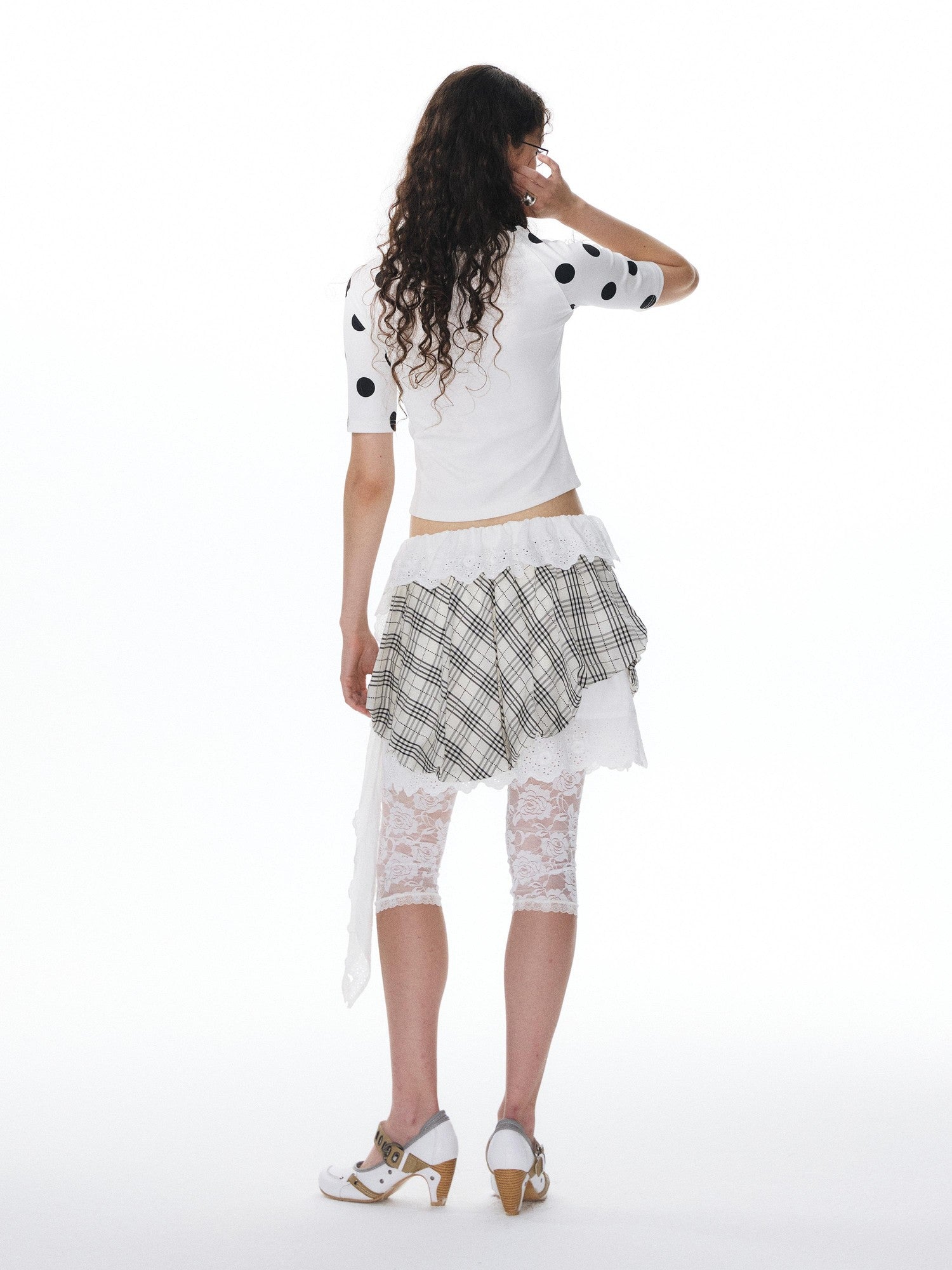 YOSHUYUKI Plaid Ribbon Tulip Lace Panel Low Waist Women&