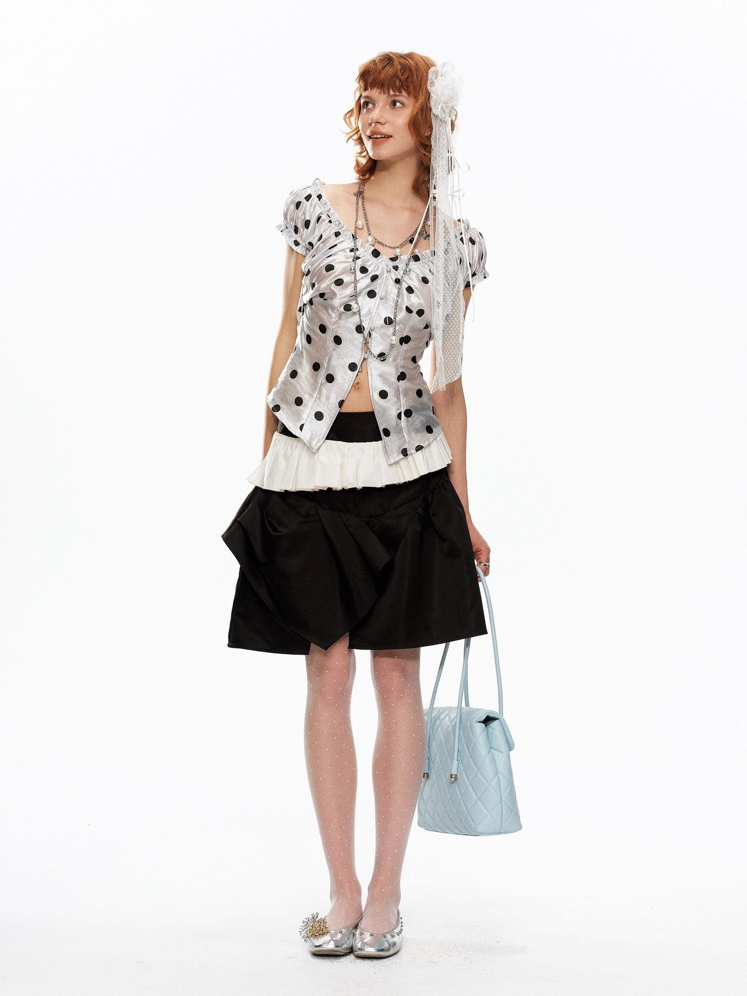YOSHUYUKI Polka Dot Puff Sleeve V-neck Cinched Waist Women&