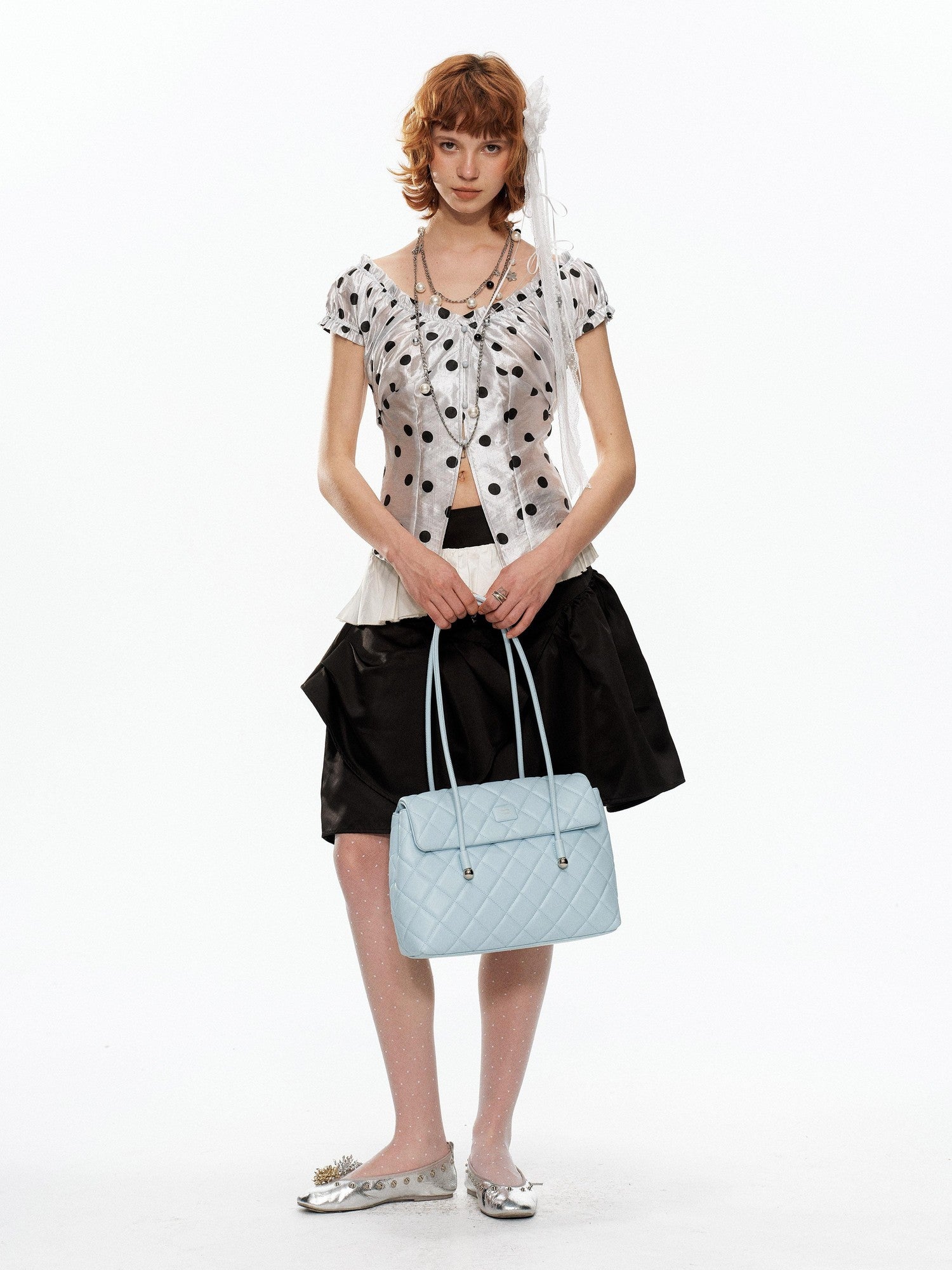 YOSHUYUKI Polka Dot Puff Sleeve V-neck Cinched Waist Women&