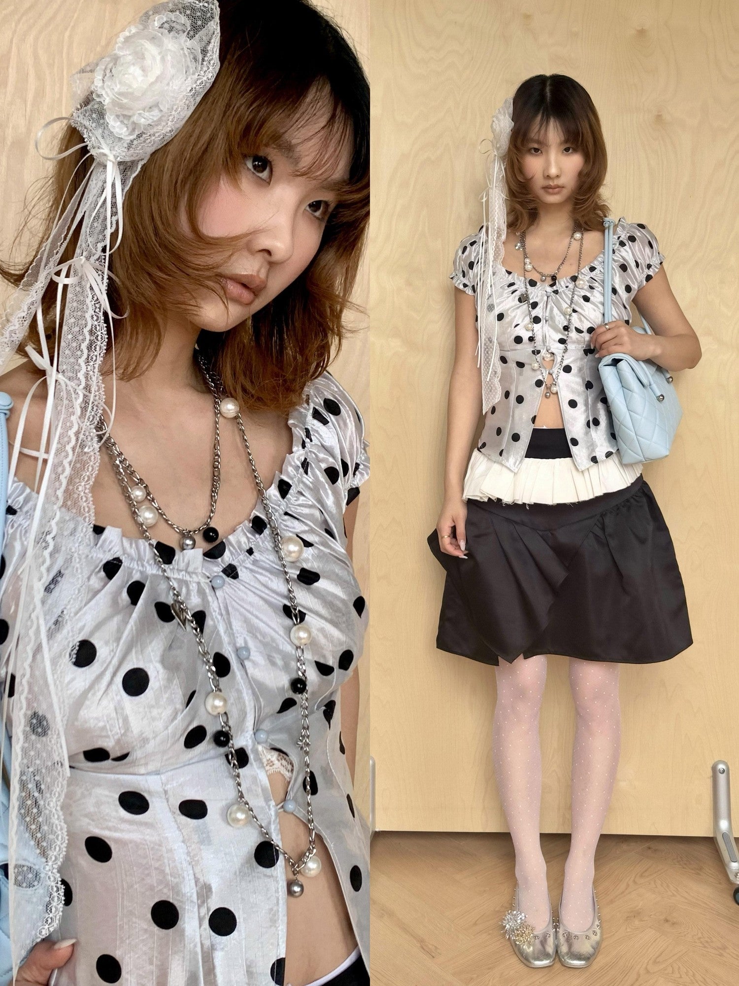 YOSHUYUKI Polka Dot Puff Sleeve V-neck Cinched Waist Women&