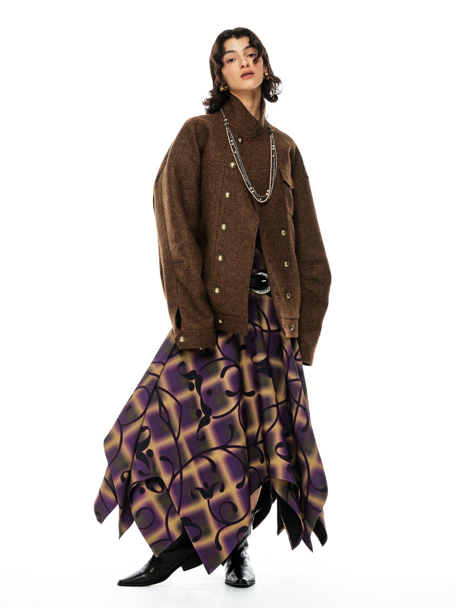 YOSHUYUKI Premium 95 Wool Stand Collar Loose Fit Original Design Brown Wool Coat