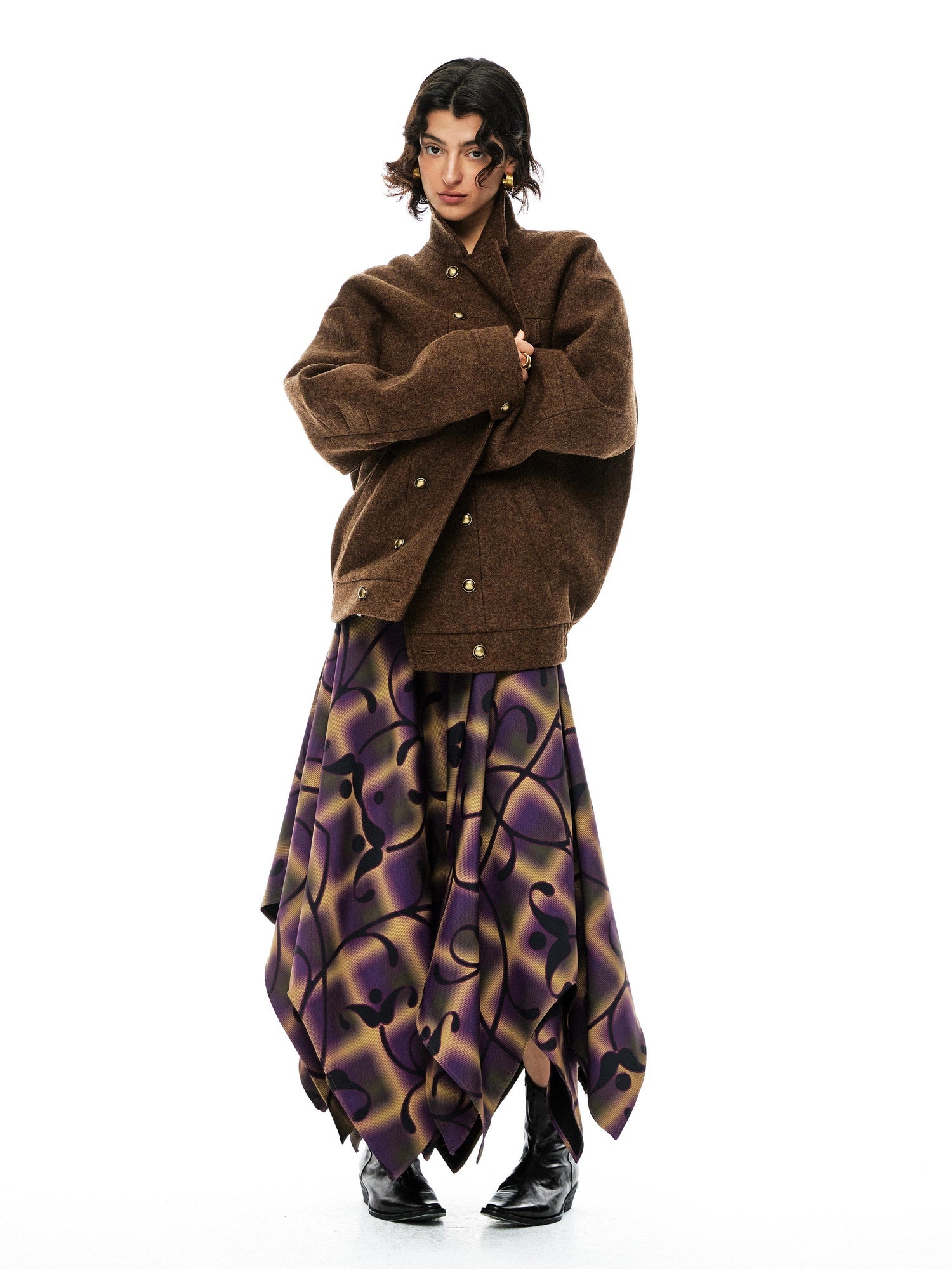 YOSHUYUKI Premium 95 Wool Stand Collar Loose Fit Original Design Brown Wool Coat