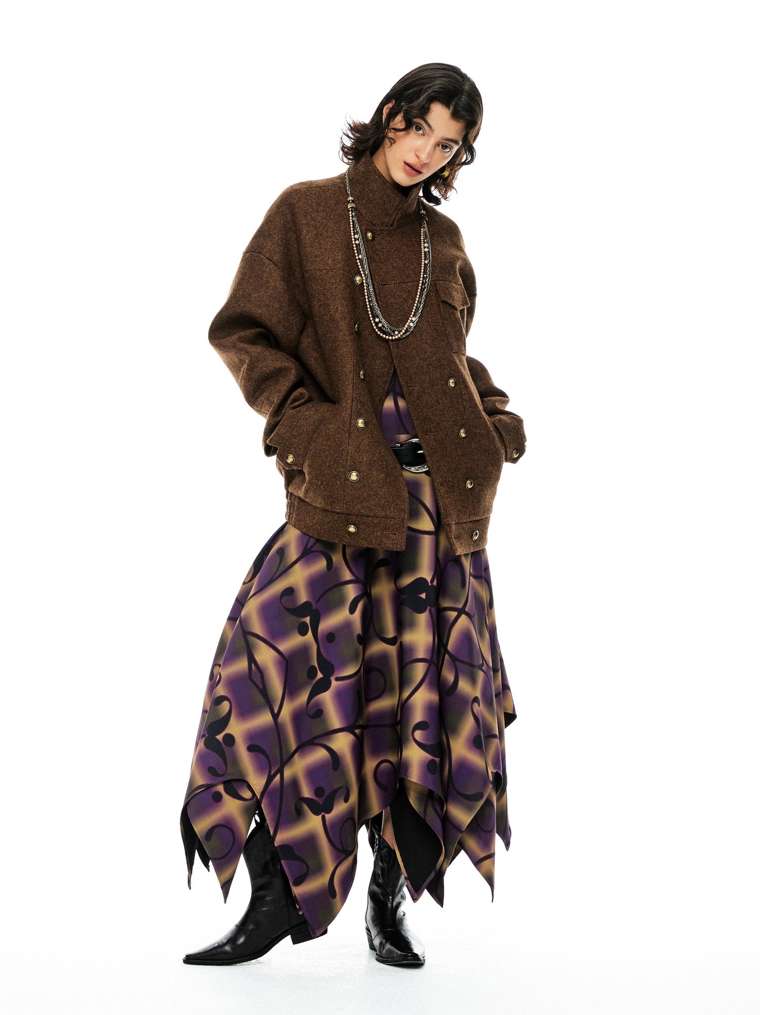 YOSHUYUKI Premium 95 Wool Stand Collar Loose Fit Original Design Brown Wool Coat