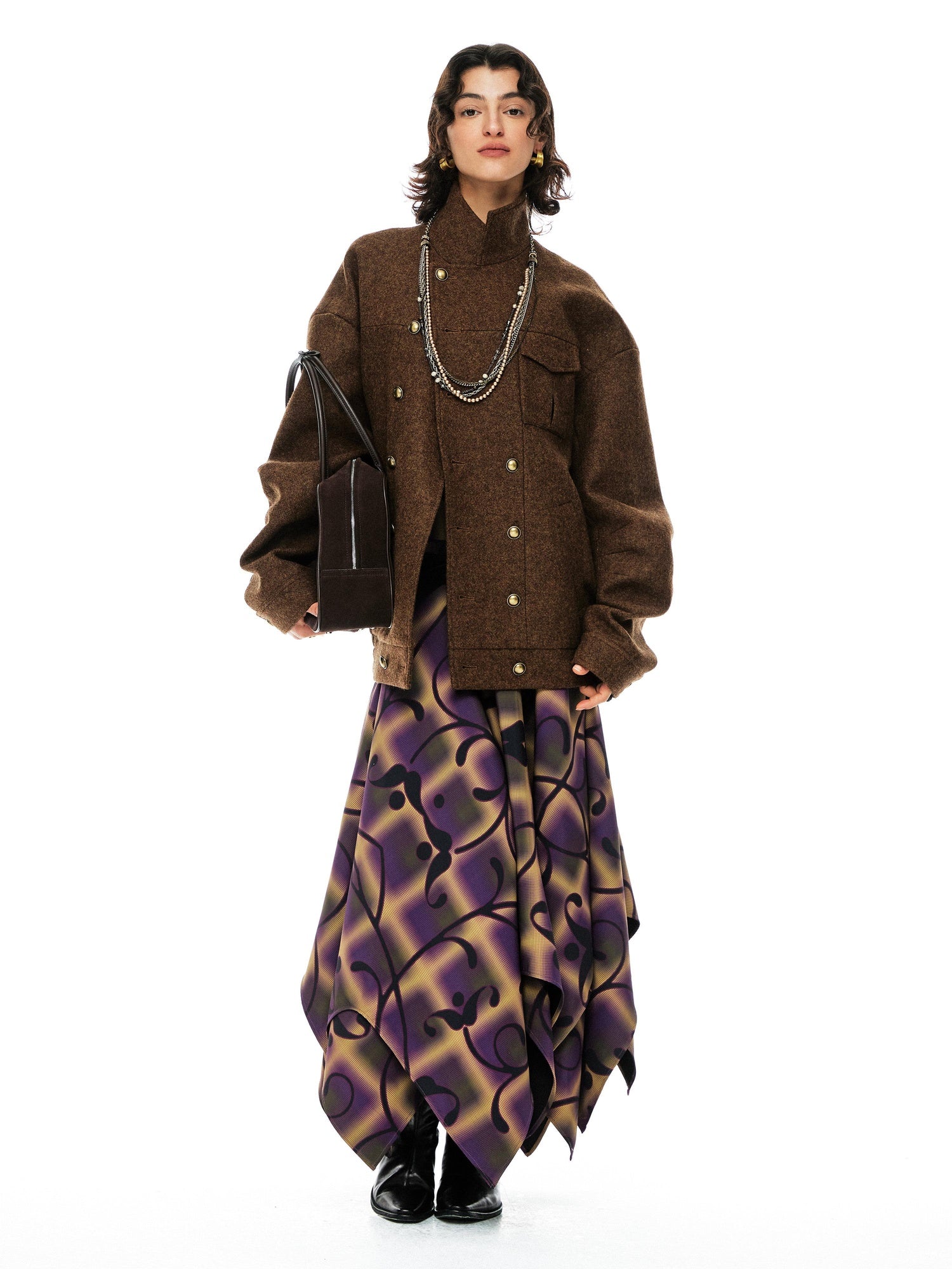 YOSHUYUKI Premium 95 Wool Stand Collar Loose Fit Original Design Brown Wool Coat