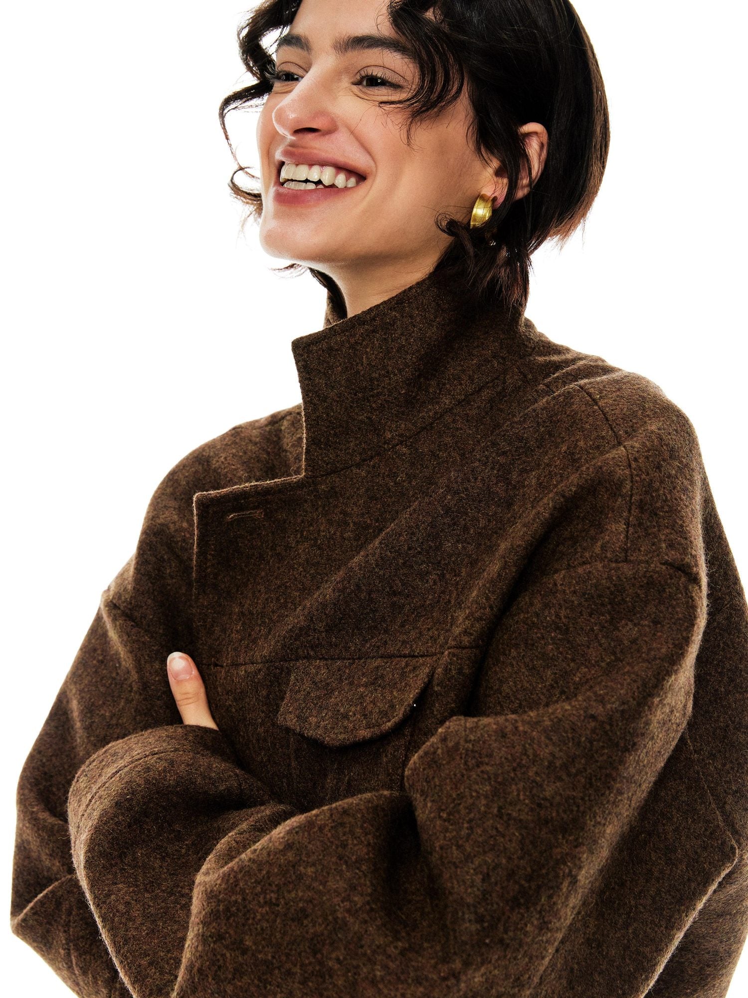 YOSHUYUKI Premium 95 Wool Stand Collar Loose Fit Original Design Brown Wool Coat