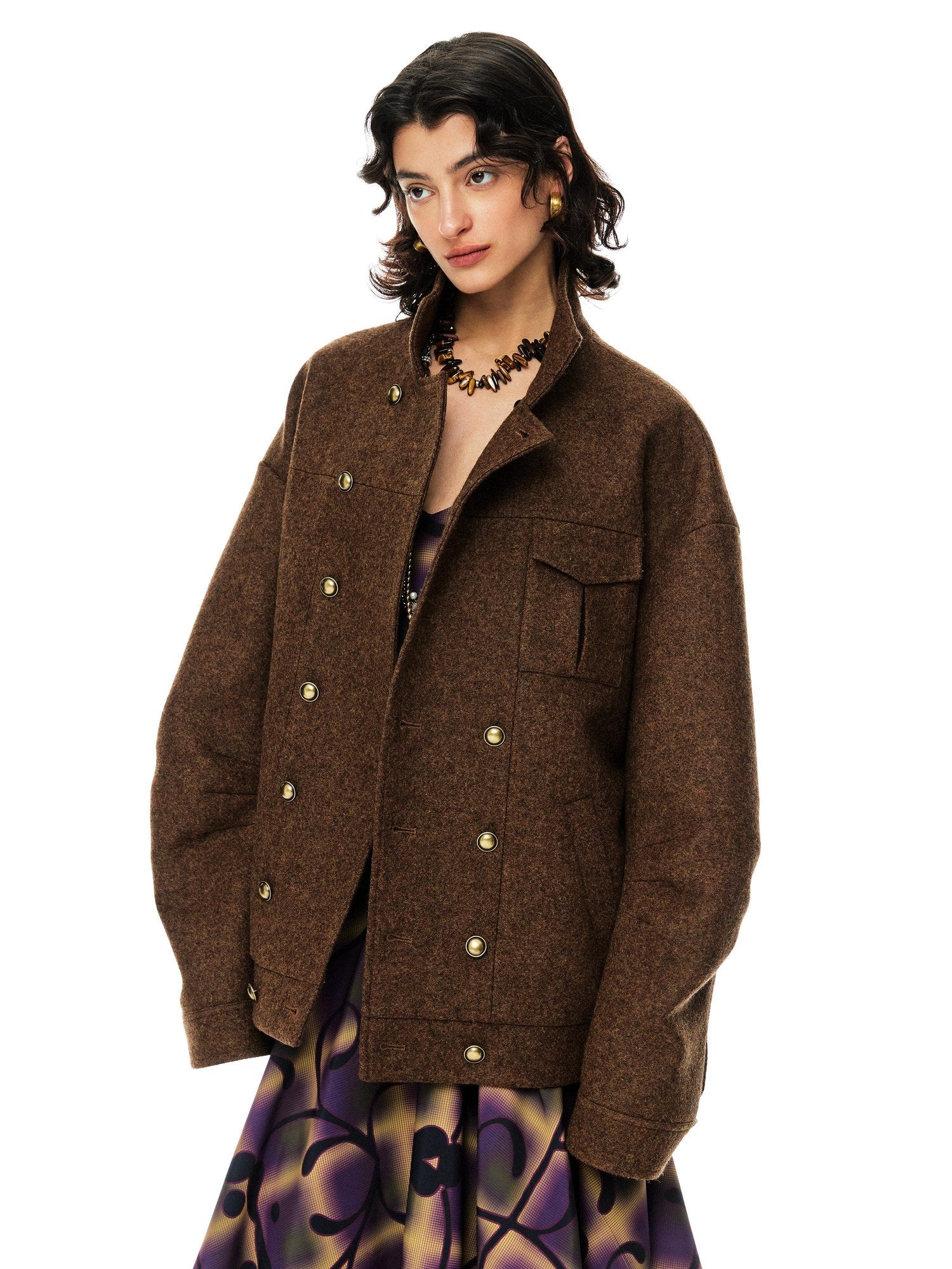 YOSHUYUKI Premium 95 Wool Stand Collar Loose Fit Original Design Brown Wool Coat