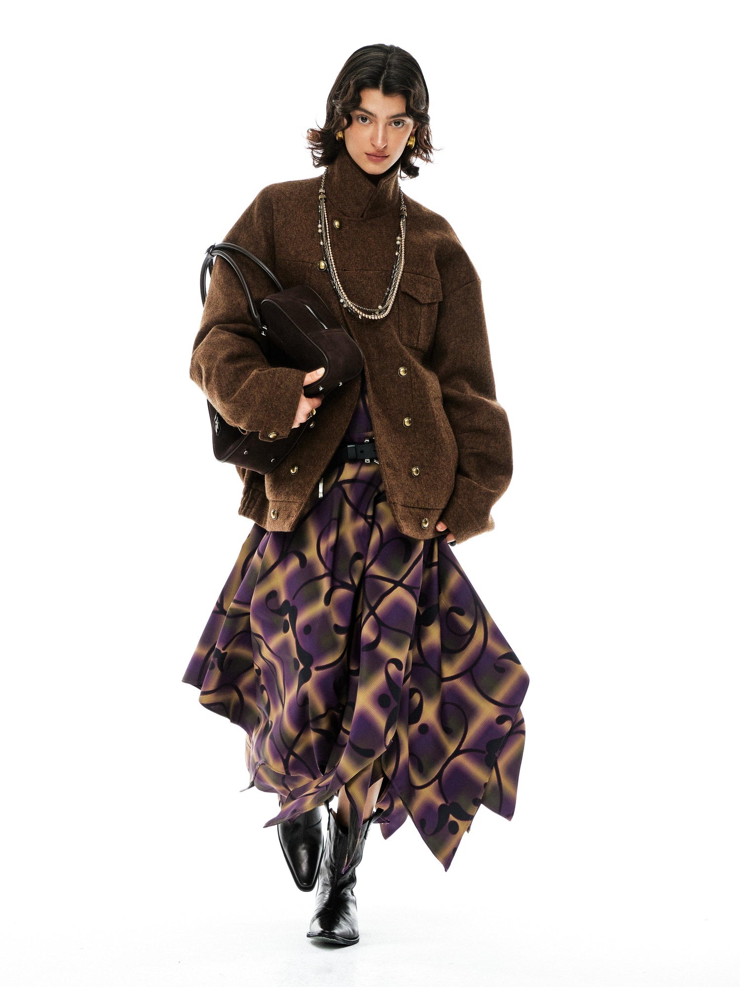 YOSHUYUKI Premium 95 Wool Stand Collar Loose Fit Original Design Brown Wool Coat