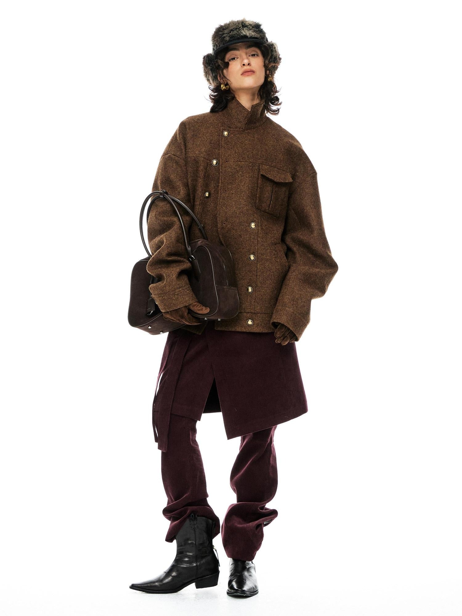 YOSHUYUKI Premium 95 Wool Stand Collar Loose Fit Original Design Brown Wool Coat