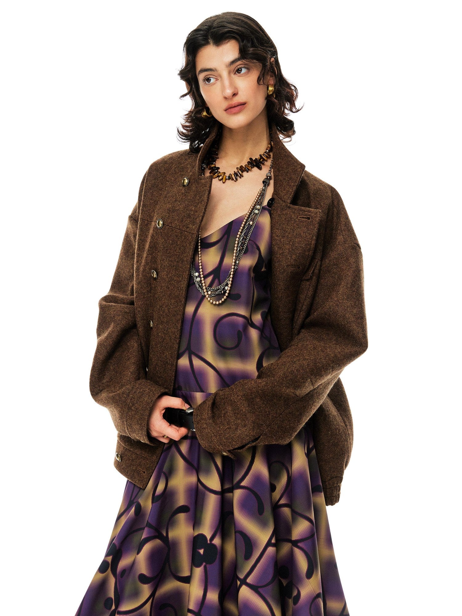 YOSHUYUKI Premium 95 Wool Stand Collar Loose Fit Original Design Brown Wool Coat