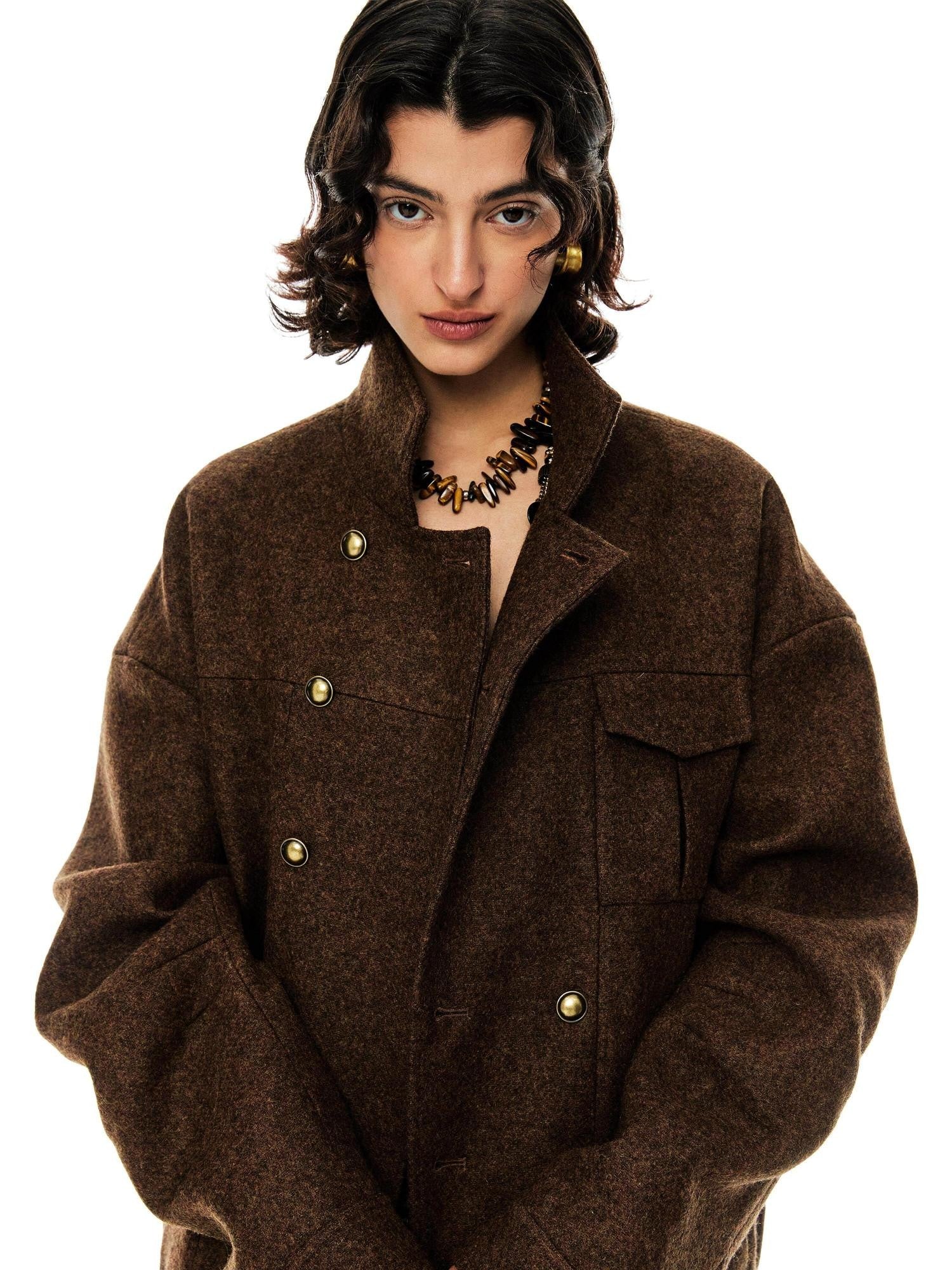 YOSHUYUKI Premium 95 Wool Stand Collar Loose Fit Original Design Brown Wool Coat