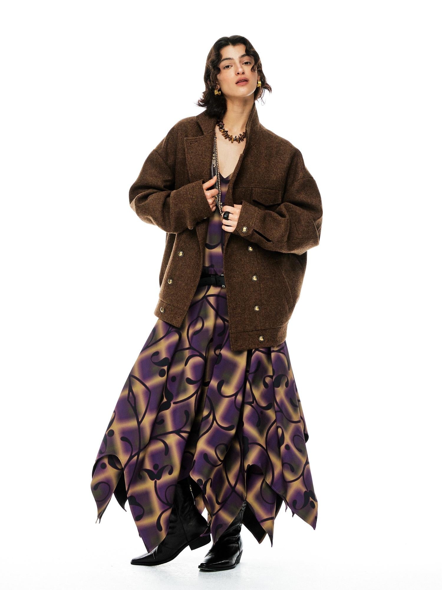 YOSHUYUKI Premium 95 Wool Stand Collar Loose Fit Original Design Brown Wool Coat