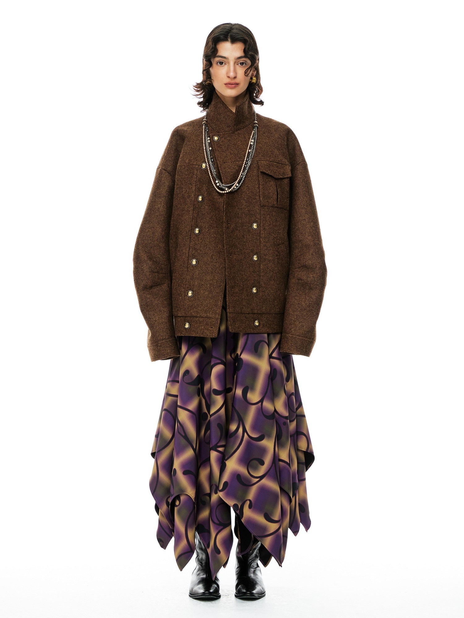 YOSHUYUKI Premium 95 Wool Stand Collar Loose Fit Original Design Brown Wool Coat