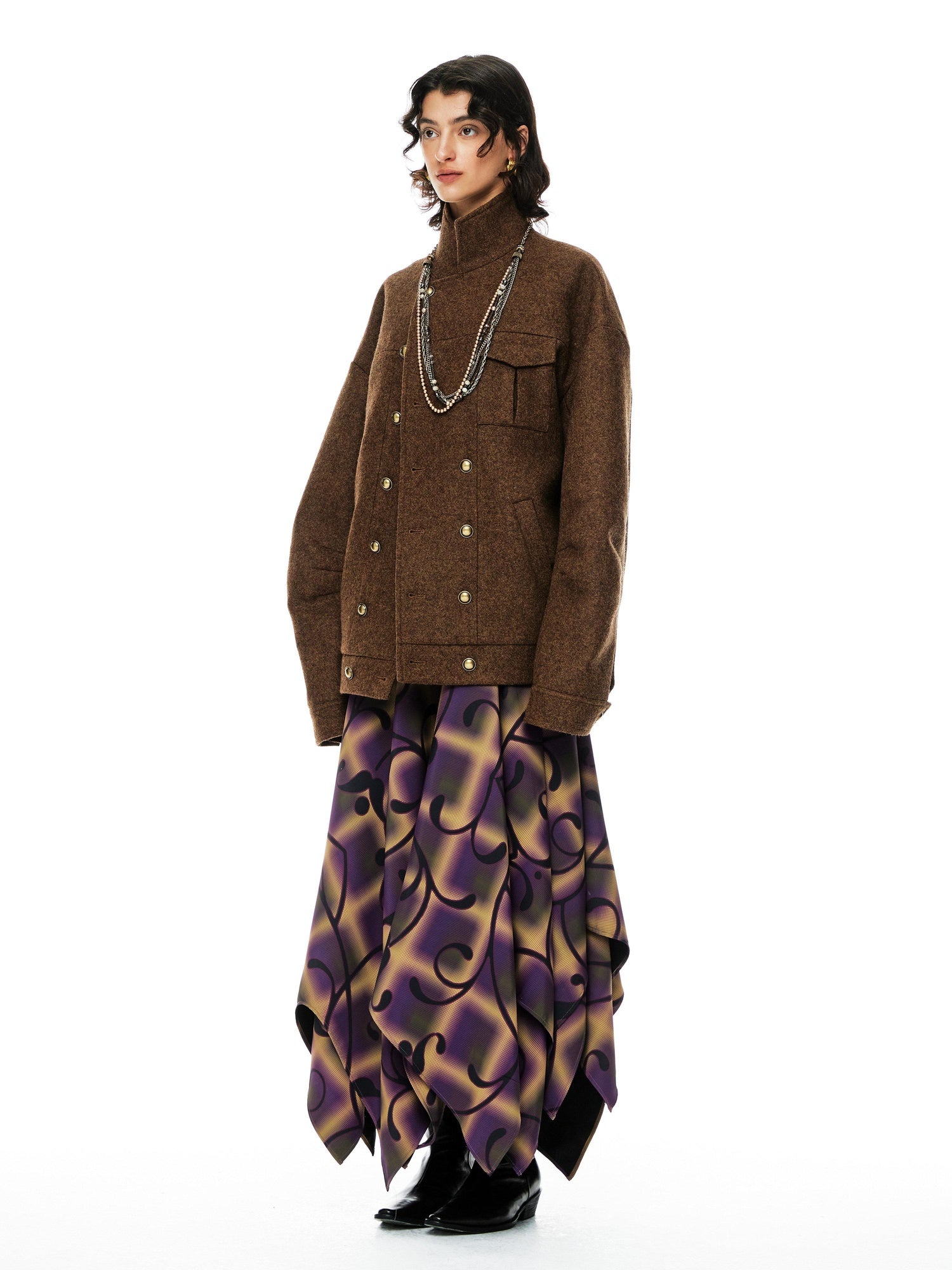 YOSHUYUKI Premium 95 Wool Stand Collar Loose Fit Original Design Brown Wool Coat