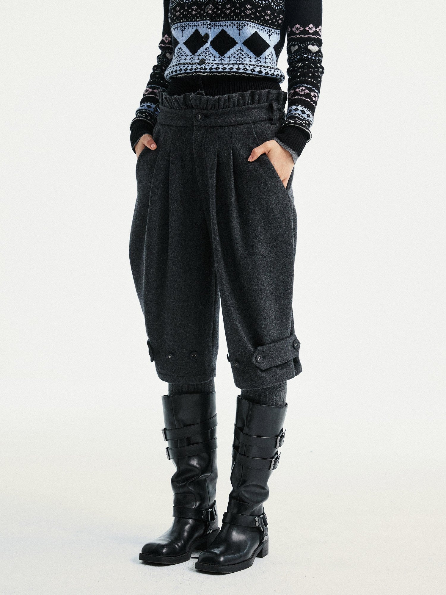 YOSHUYUKI Premium Wool Blend Vintage Straight Leg Natural Waist Pleated Unisex Gray Pants