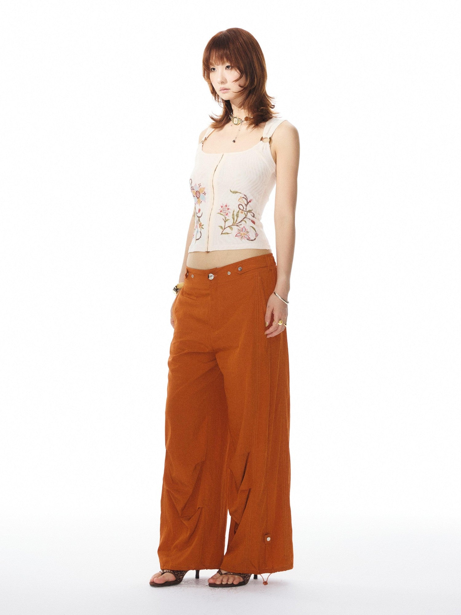 YOSHUYUKI Printed Mesh Floral Low Scoop Neck Cropped Slim Women&
