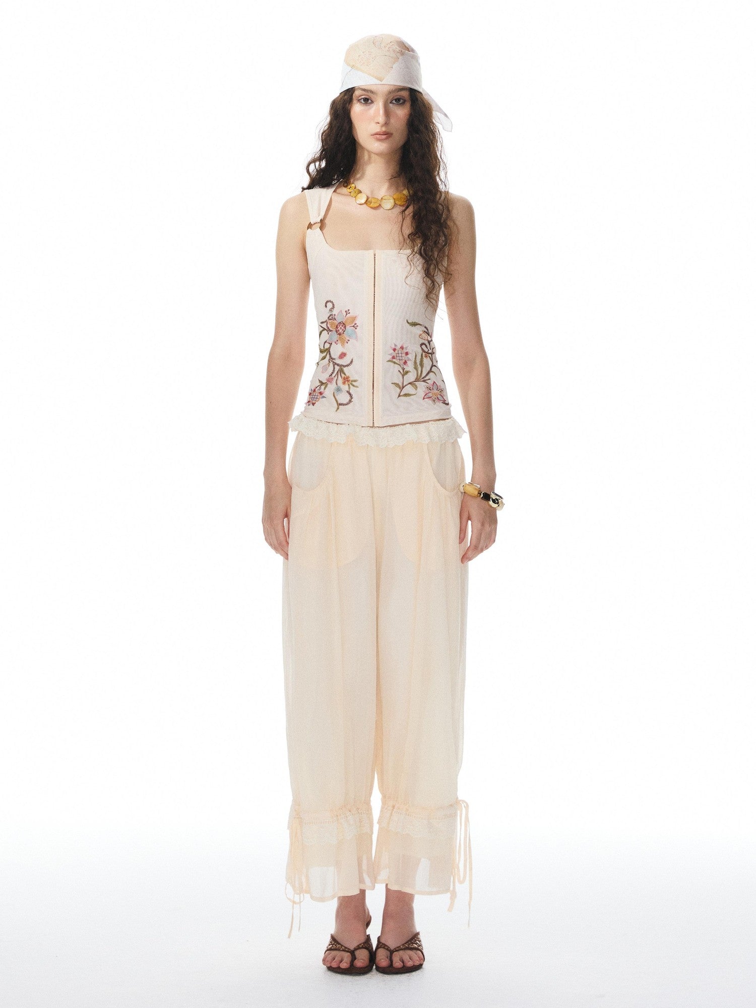YOSHUYUKI Printed Mesh Floral Low Scoop Neck Cropped Slim Women&