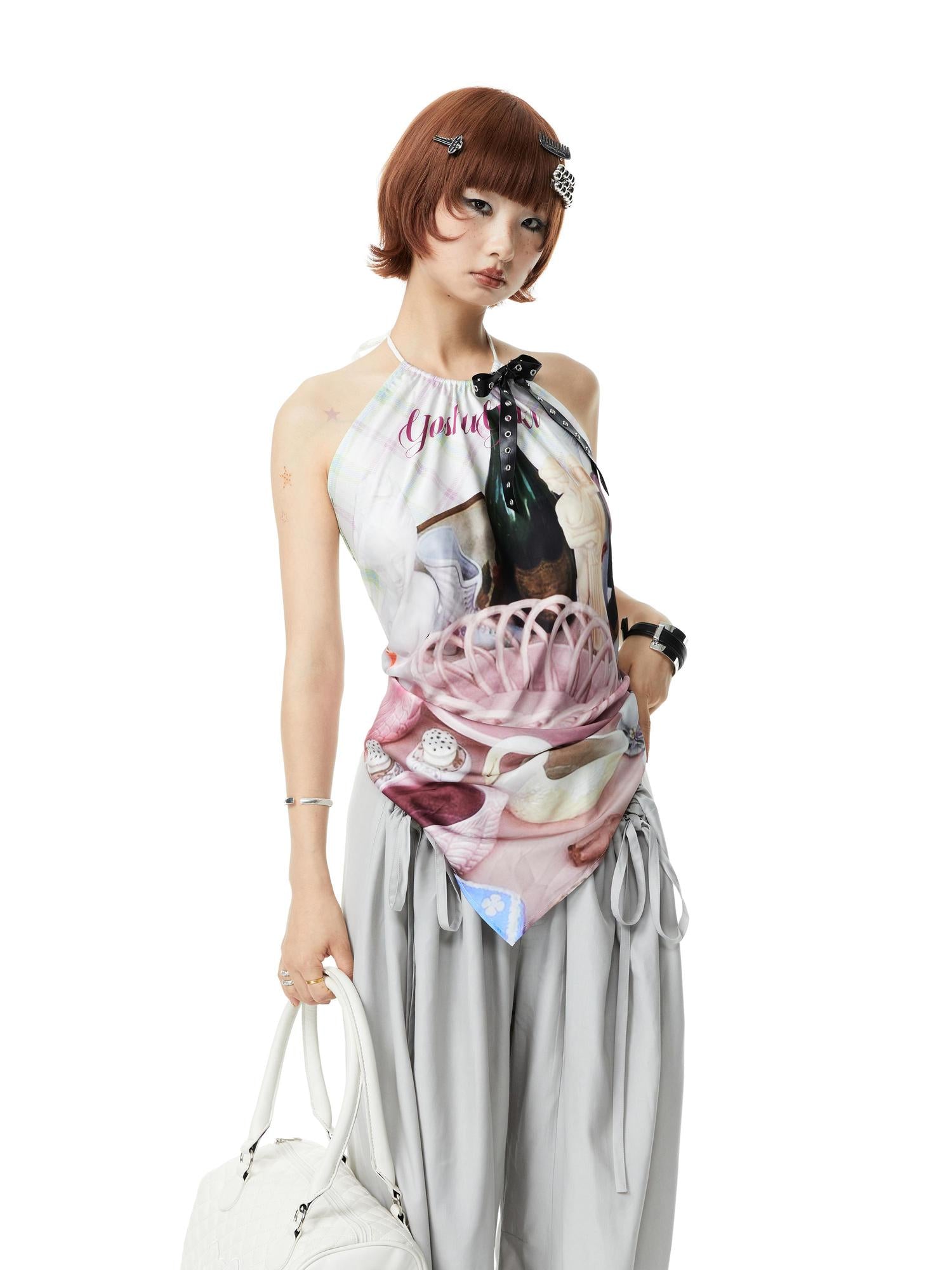 YOSHUYUKI Printed Scarf Halter Neck Slip Top