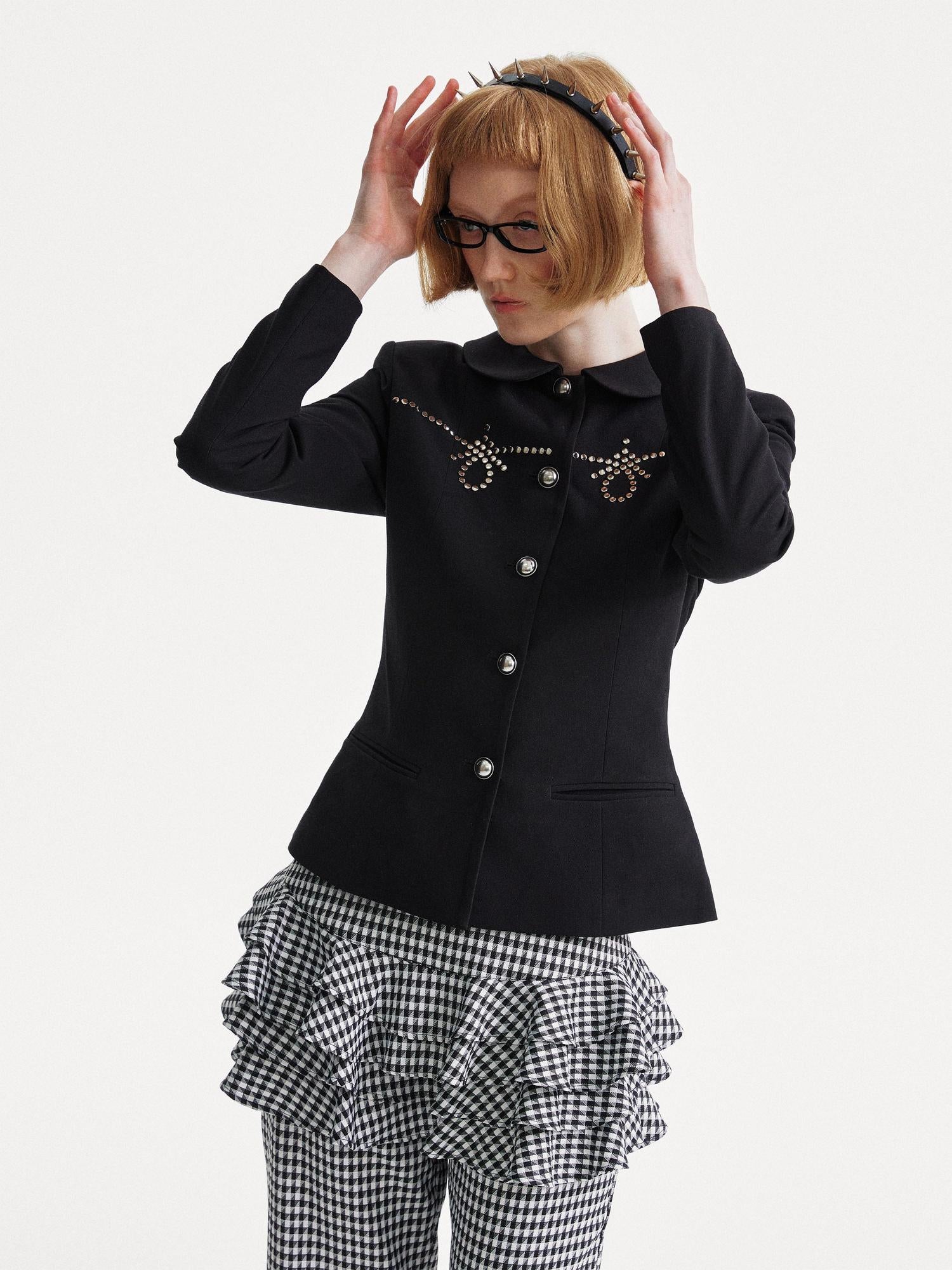 YOSHUYUKI Punk Rhinestone Waist Black Blazer