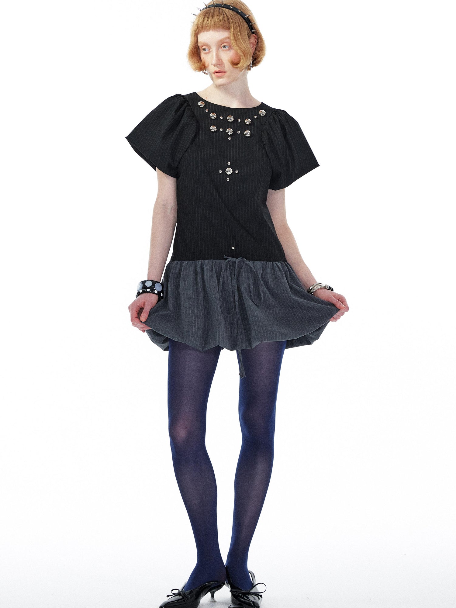 YOSHUYUKI Punk Studded Floral Mini Dress Black Gray V Neck