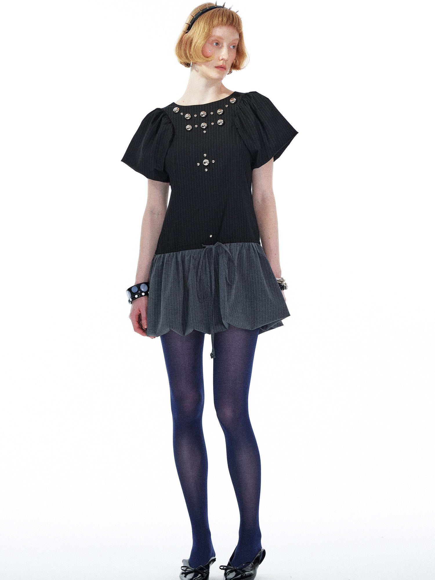YOSHUYUKI Punk Studded Floral Mini Dress Black Gray V Neck