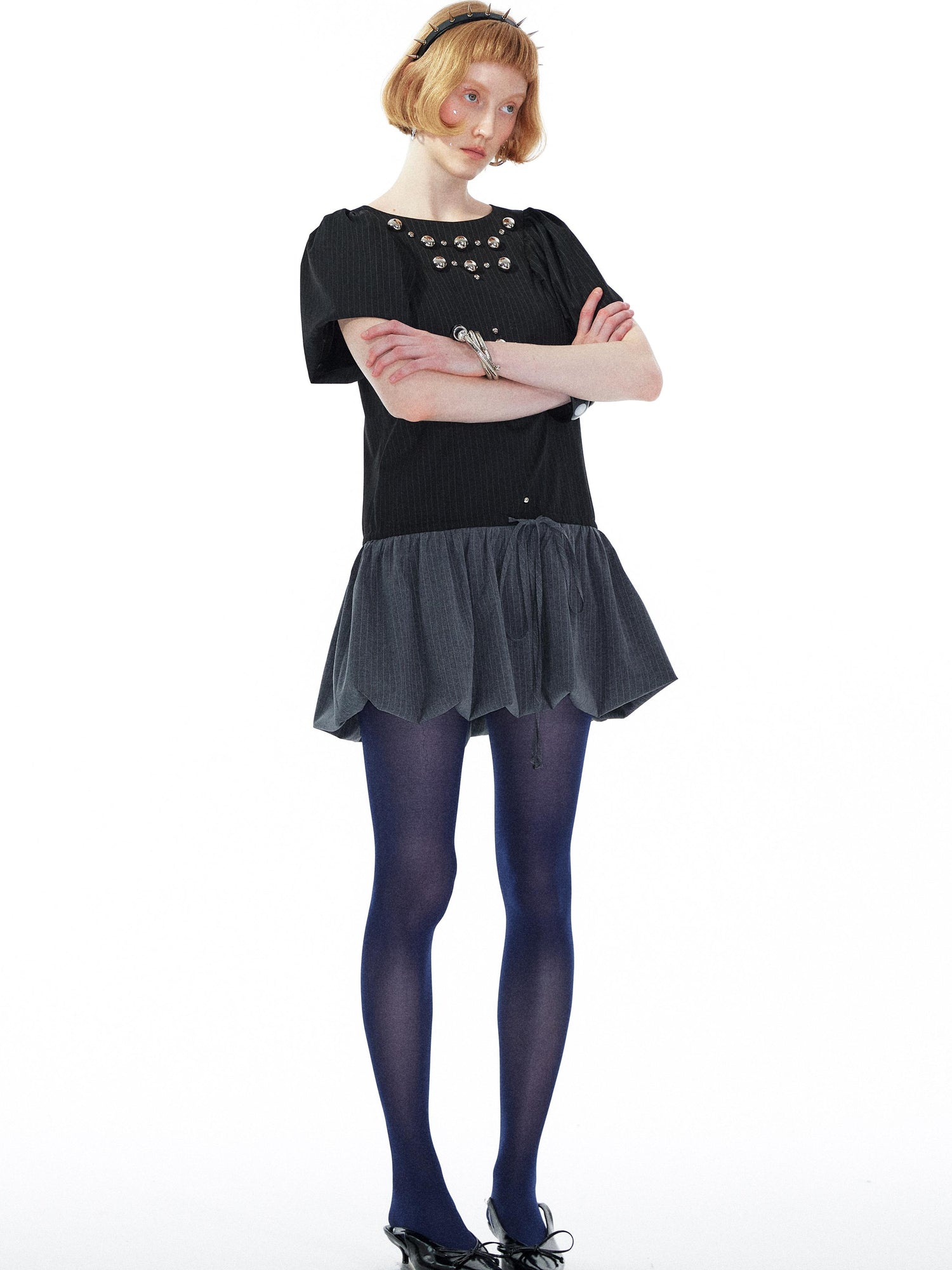 YOSHUYUKI Punk Studded Floral Mini Dress Black Gray V Neck