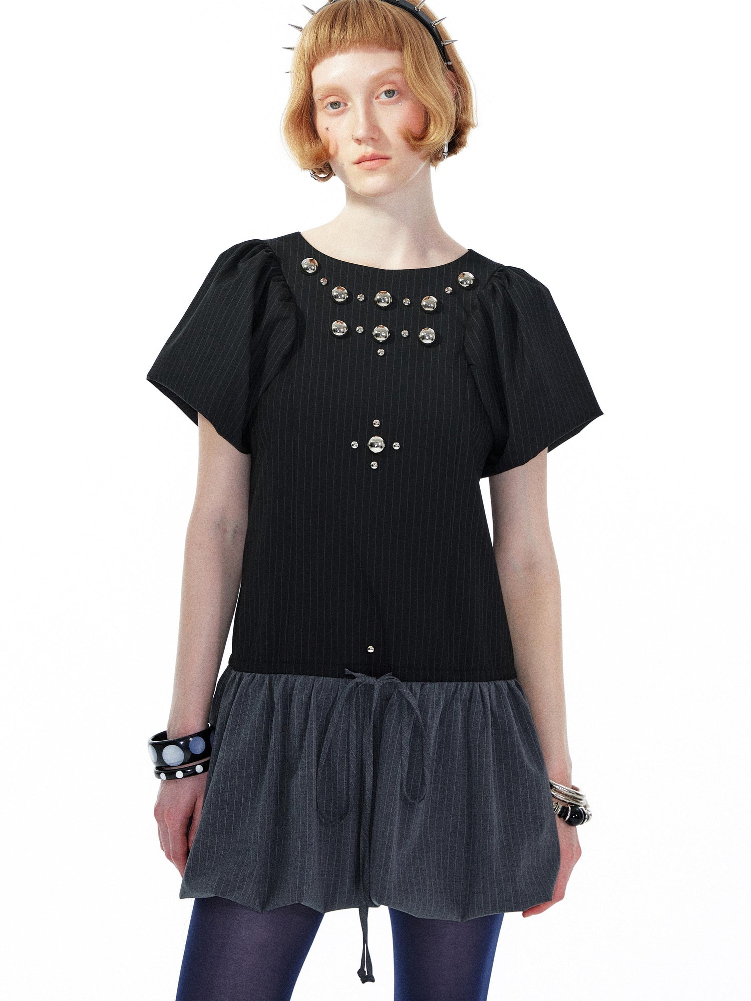 YOSHUYUKI Punk Studded Floral Mini Dress Black Gray V Neck