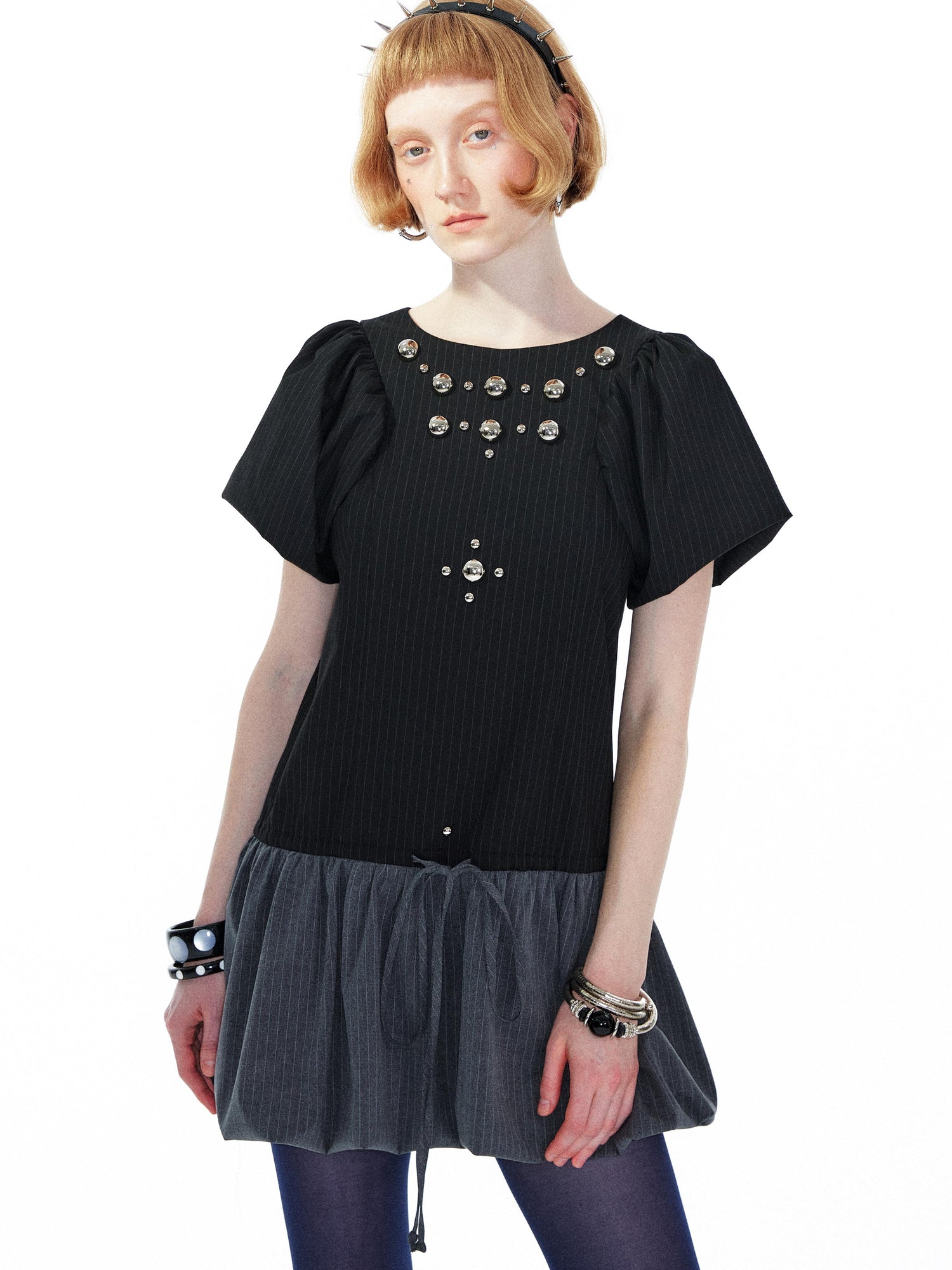 YOSHUYUKI Punk Studded Floral Mini Dress Black Gray V Neck