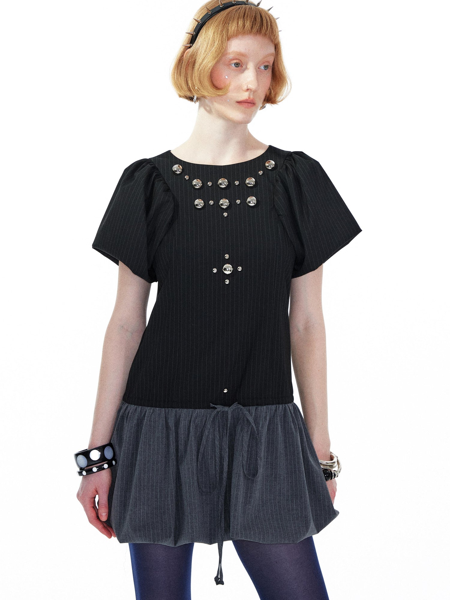 YOSHUYUKI Punk Studded Floral Mini Dress Black Gray V Neck