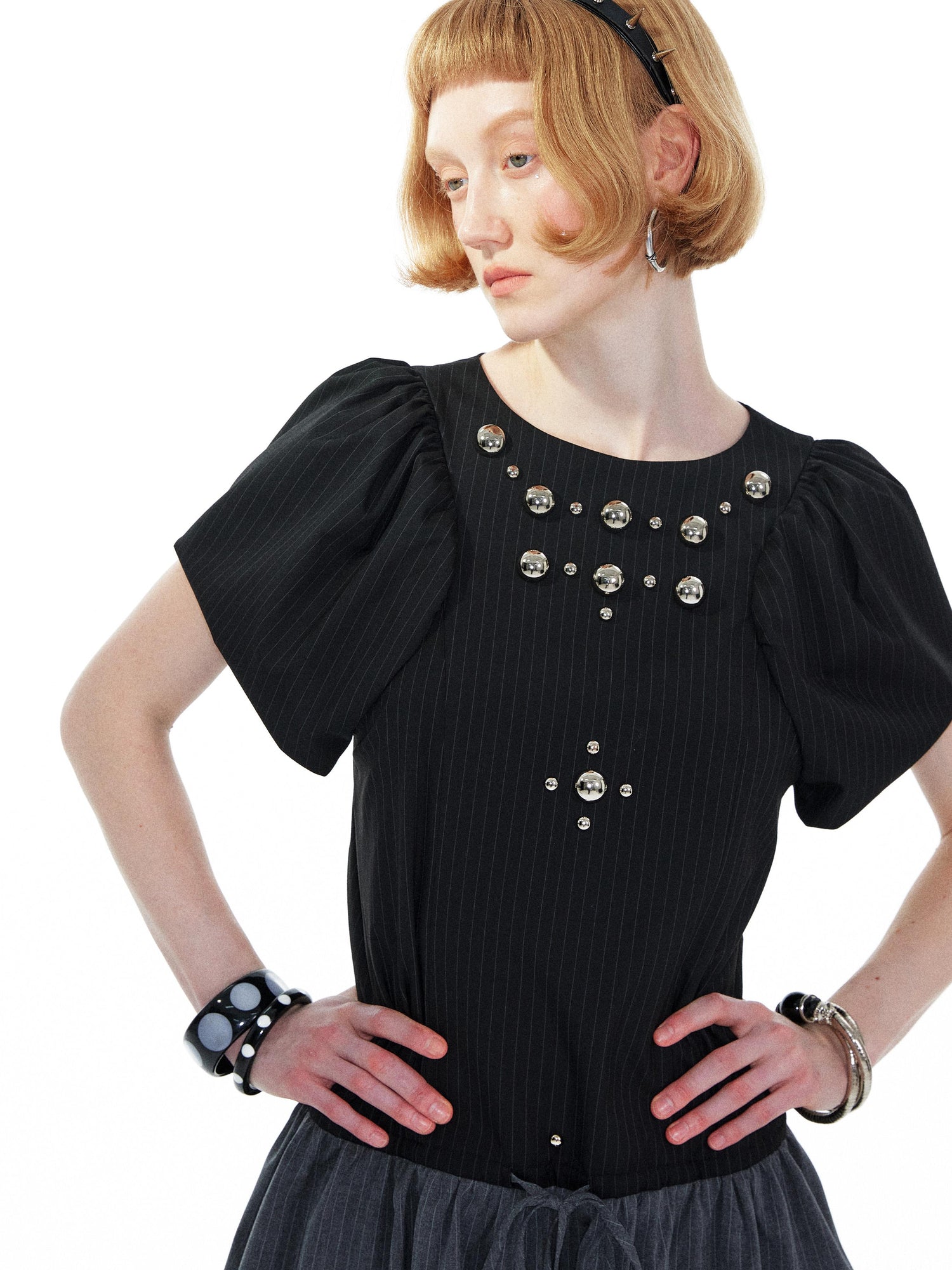 YOSHUYUKI Punk Studded Floral Mini Dress Black Gray V Neck