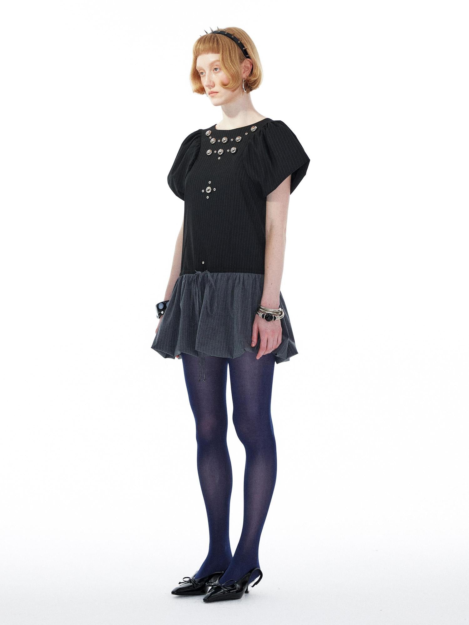 YOSHUYUKI Punk Studded Floral Mini Dress Black Gray V Neck