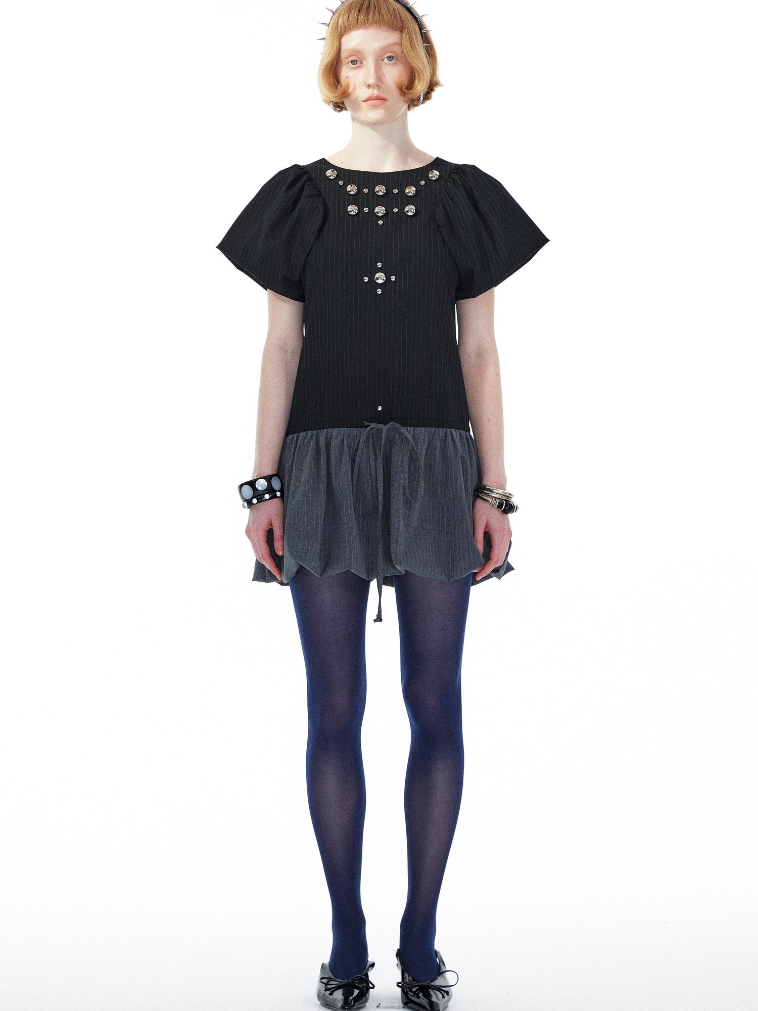 YOSHUYUKI Punk Studded Floral Mini Dress Black Gray V Neck