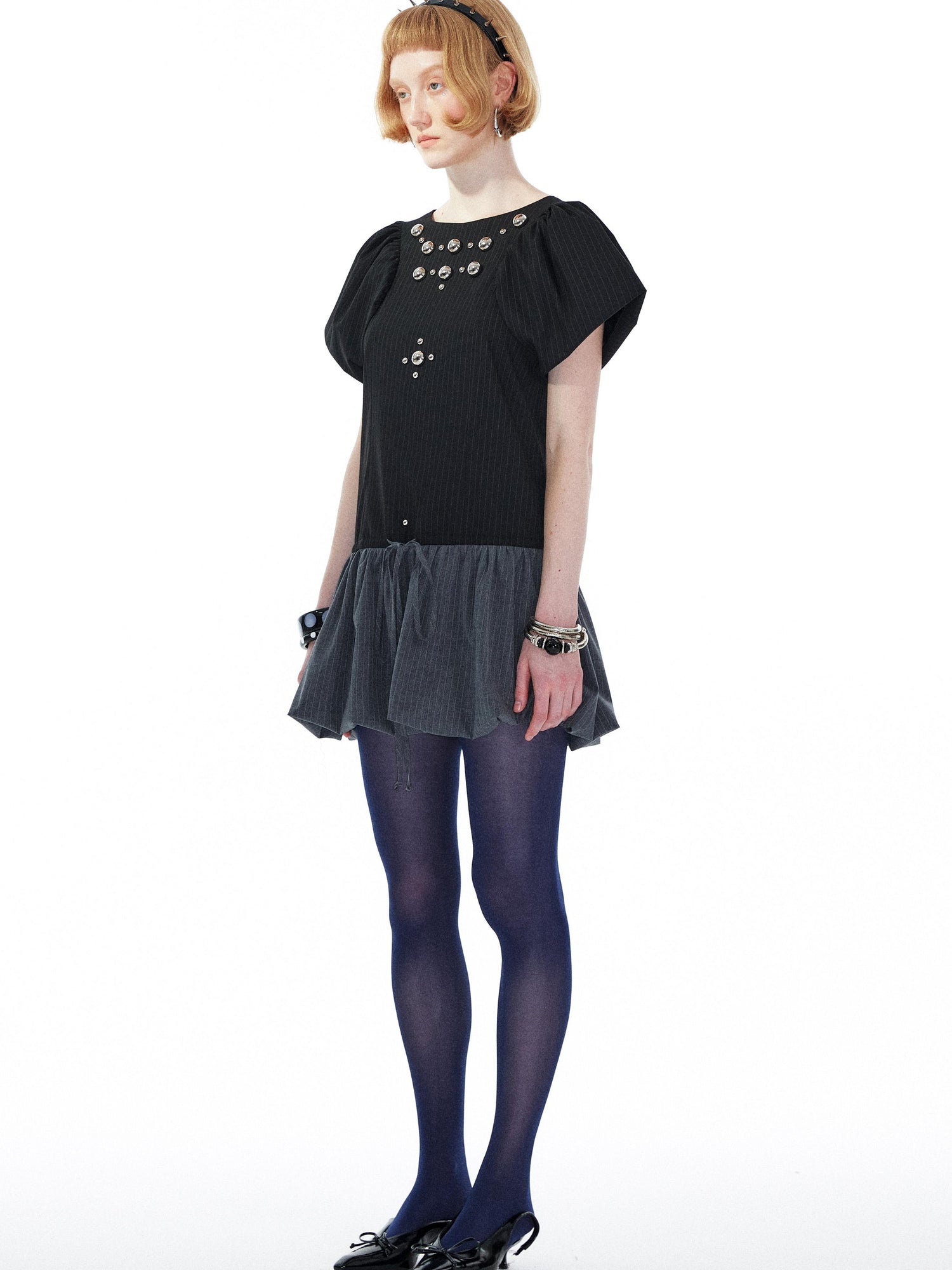 YOSHUYUKI Punk Studded Floral Mini Dress Black Gray V Neck