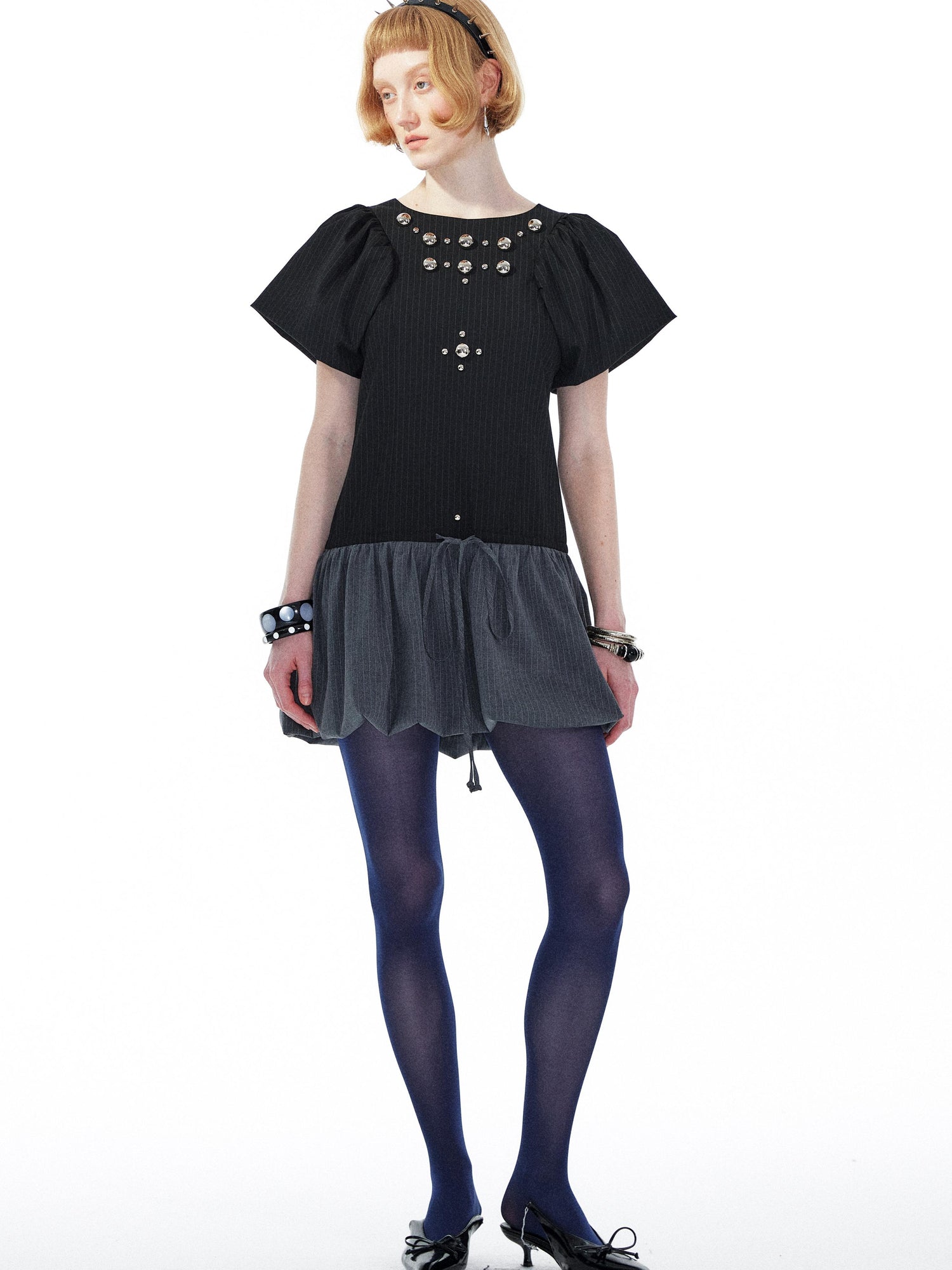 YOSHUYUKI Punk Studded Floral Mini Dress Black Gray V Neck