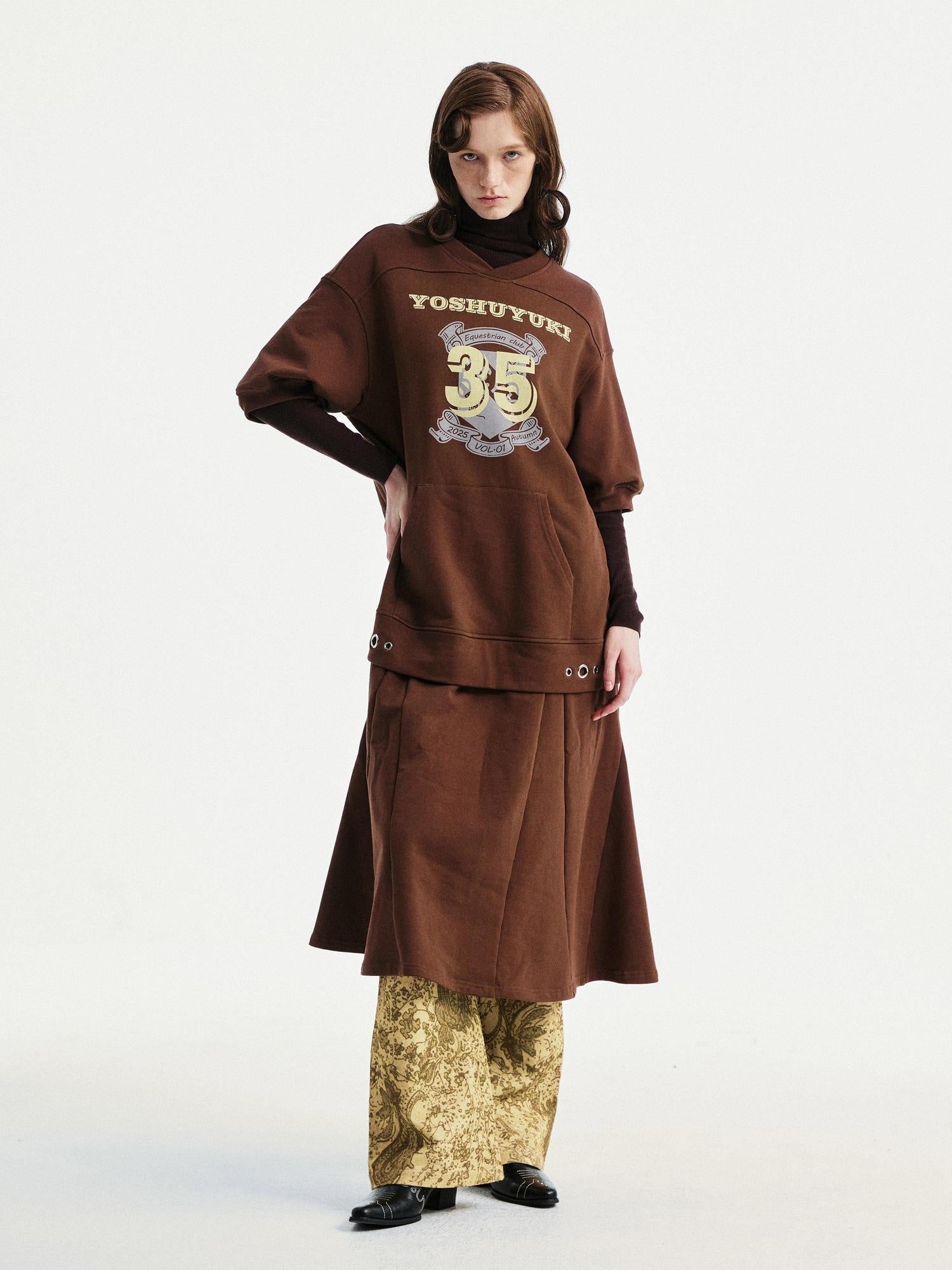 YOSHUYUKI Pure Cotton Vintage A Line Printed Layered Loose Mid Sleeve Brown Midi Dresses