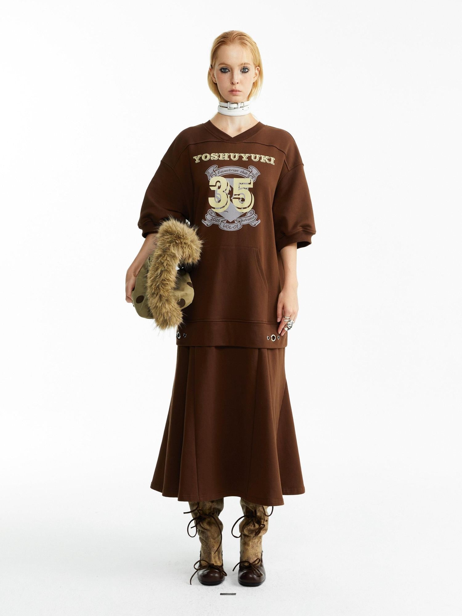 YOSHUYUKI Pure Cotton Vintage A Line Printed Layered Loose Mid Sleeve Brown Midi Dresses