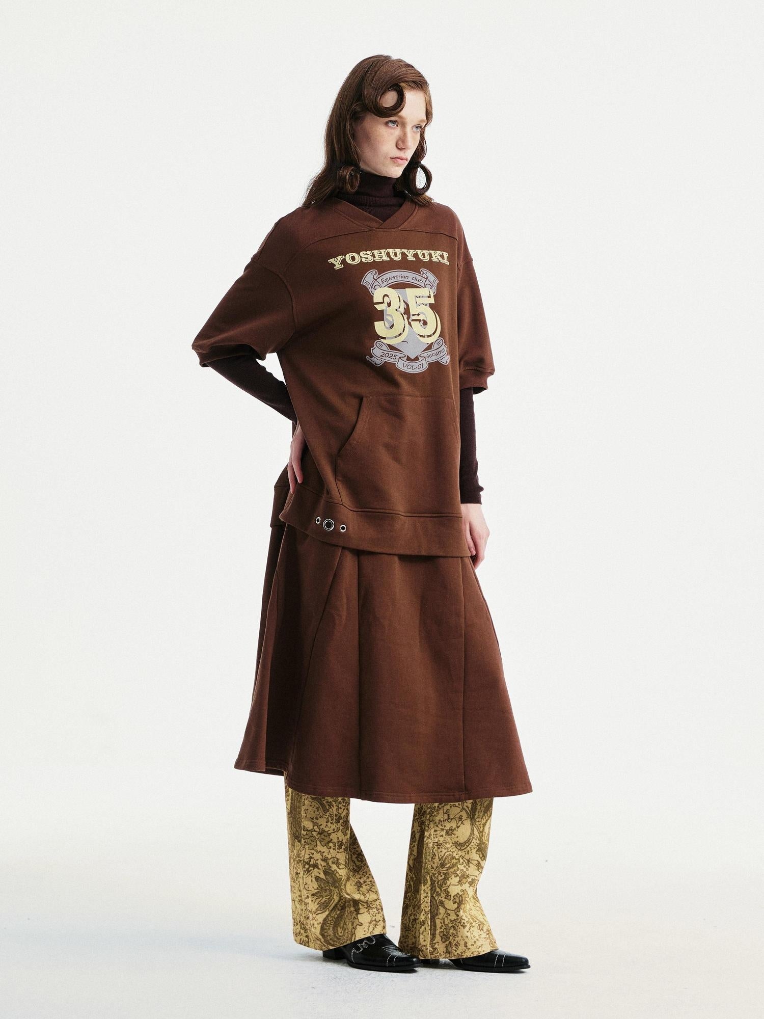 YOSHUYUKI Pure Cotton Vintage A Line Printed Layered Loose Mid Sleeve Brown Midi Dresses