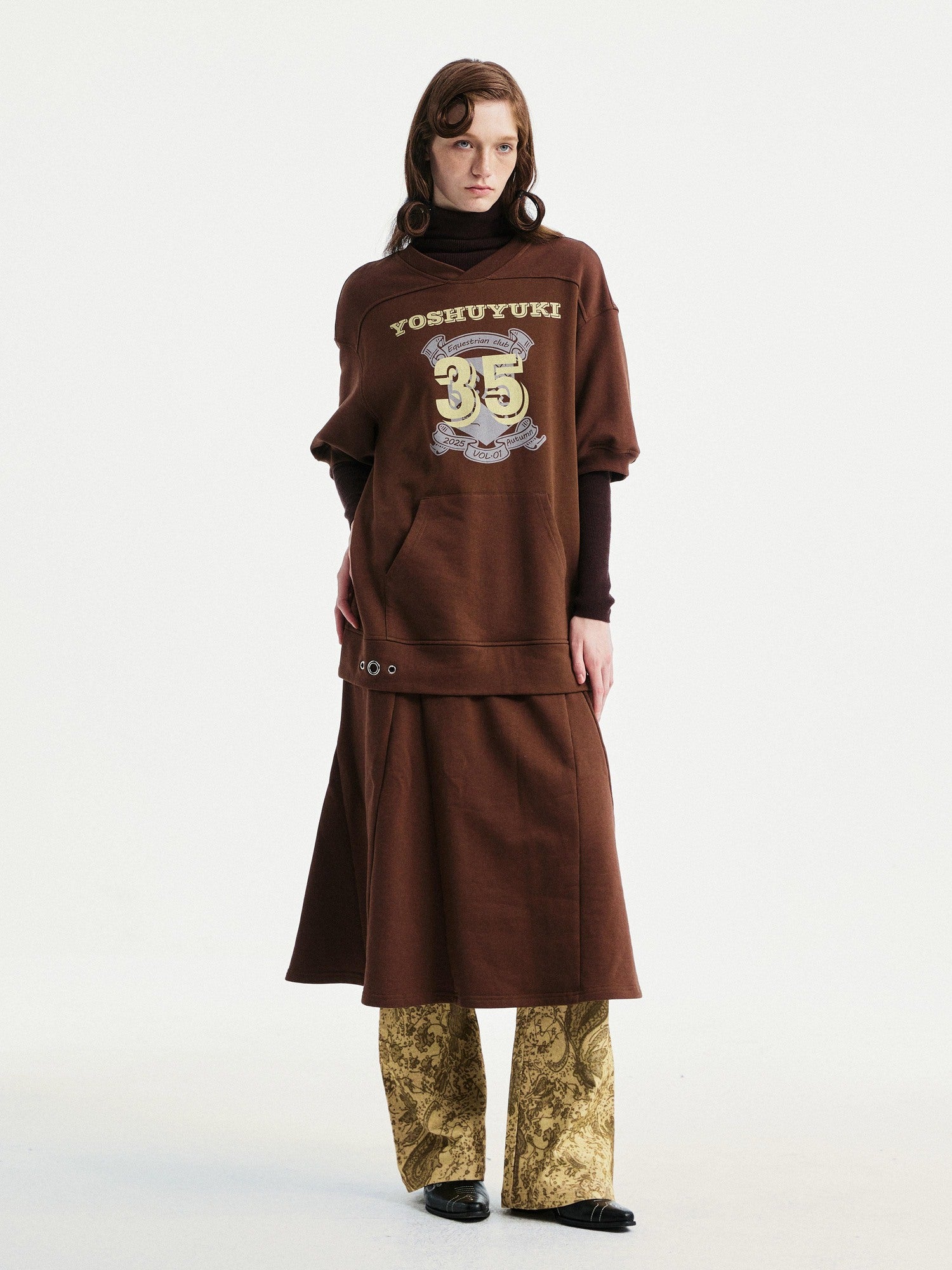 YOSHUYUKI Pure Cotton Vintage A Line Printed Layered Loose Mid Sleeve Brown Midi Dresses
