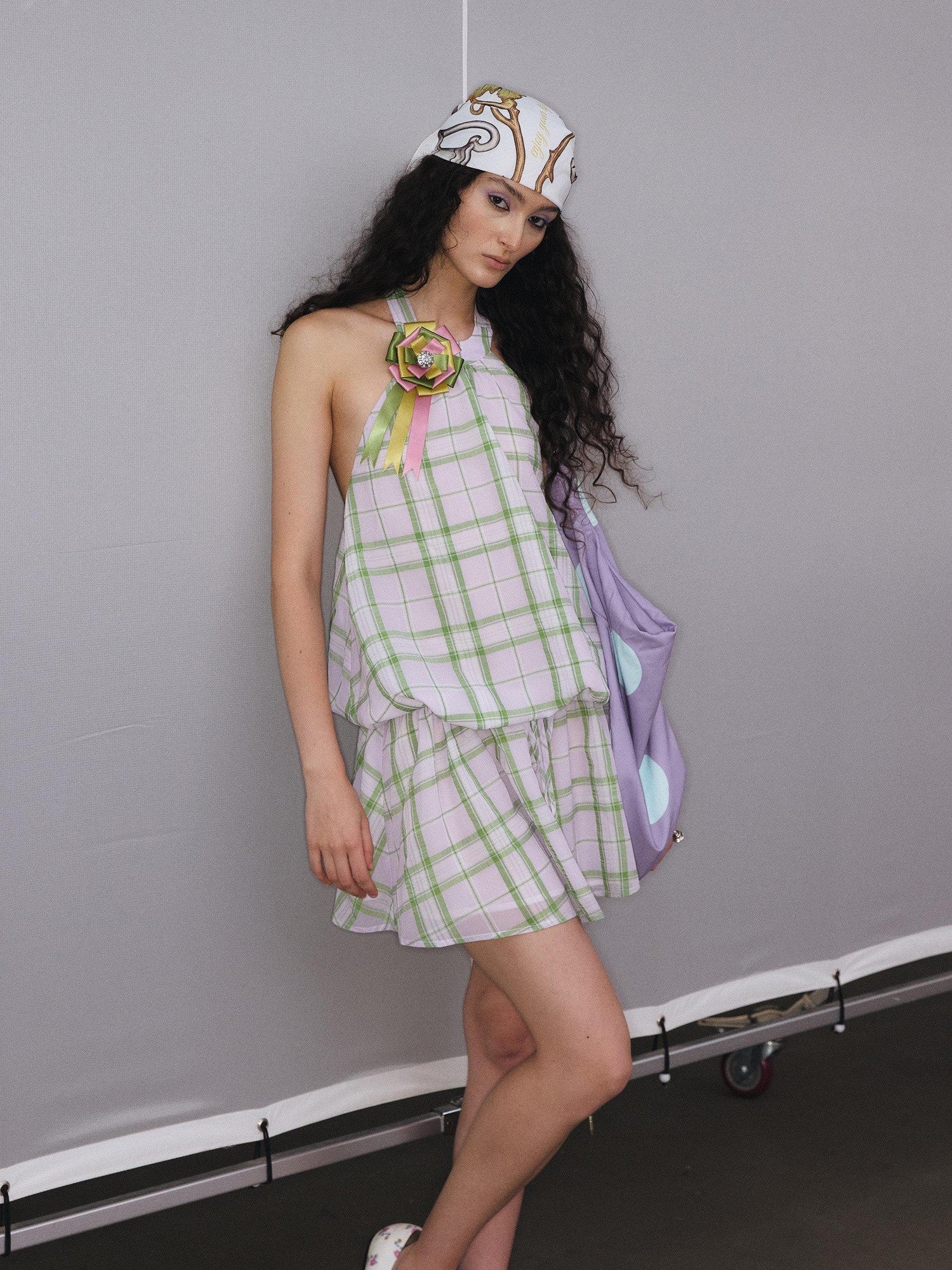 YOSHUYUKI Purple Green Plaid Drawstring Low Waist A Line Women&